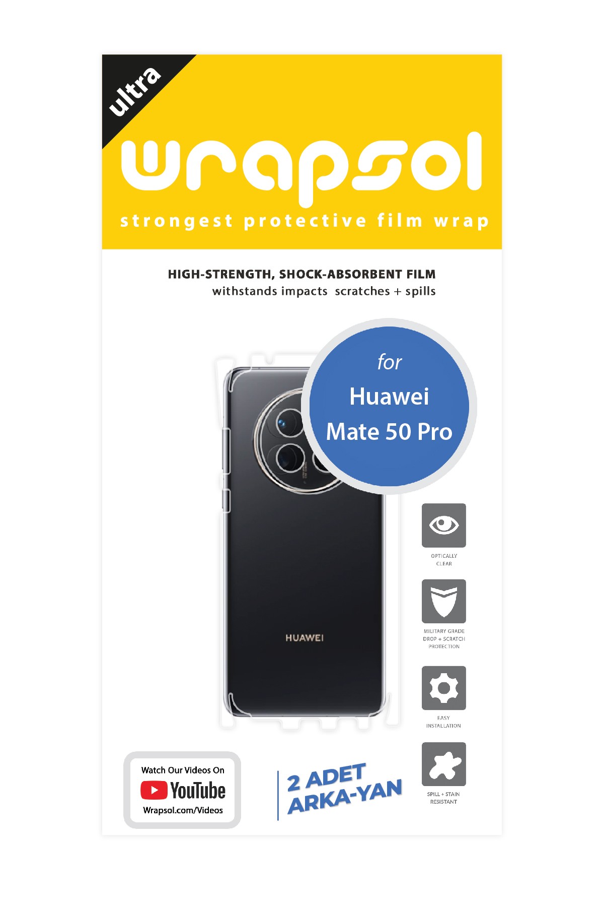 Huawei Mate 50 Pro - Arka/Yan Koruyucu Parlak Şeffaf Poliüretan Film (150 micron)
