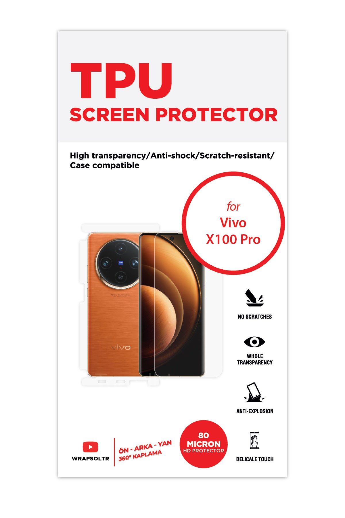 Vivo X100 Pro - Fullbody Koruyucu Parlak Şeffaf TPU Film (80 micron)