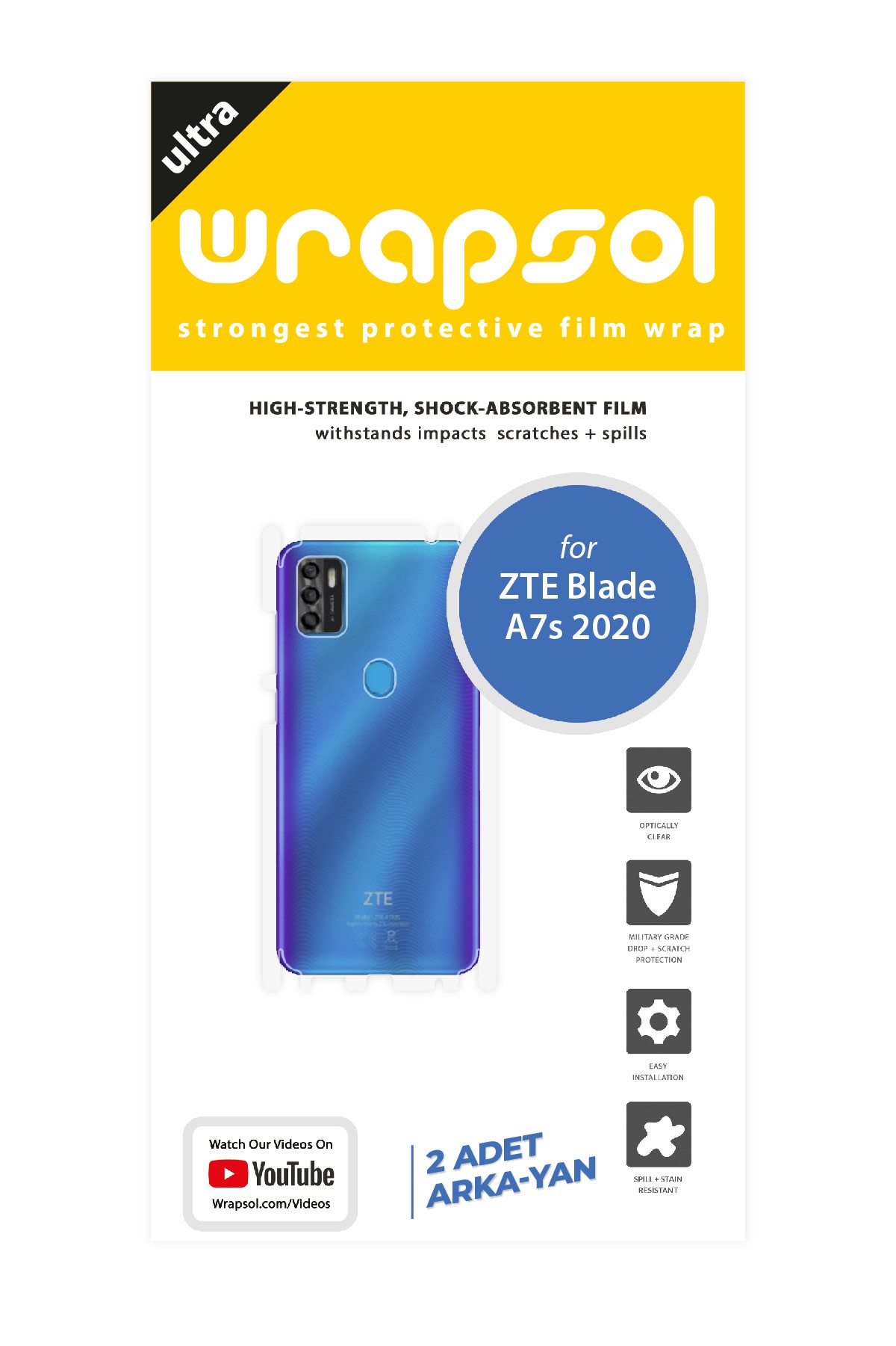 ZTE Blade A7s 2020 - Arka/Yan Koruyucu Parlak Şeffaf Poliüretan Film (150 micron)