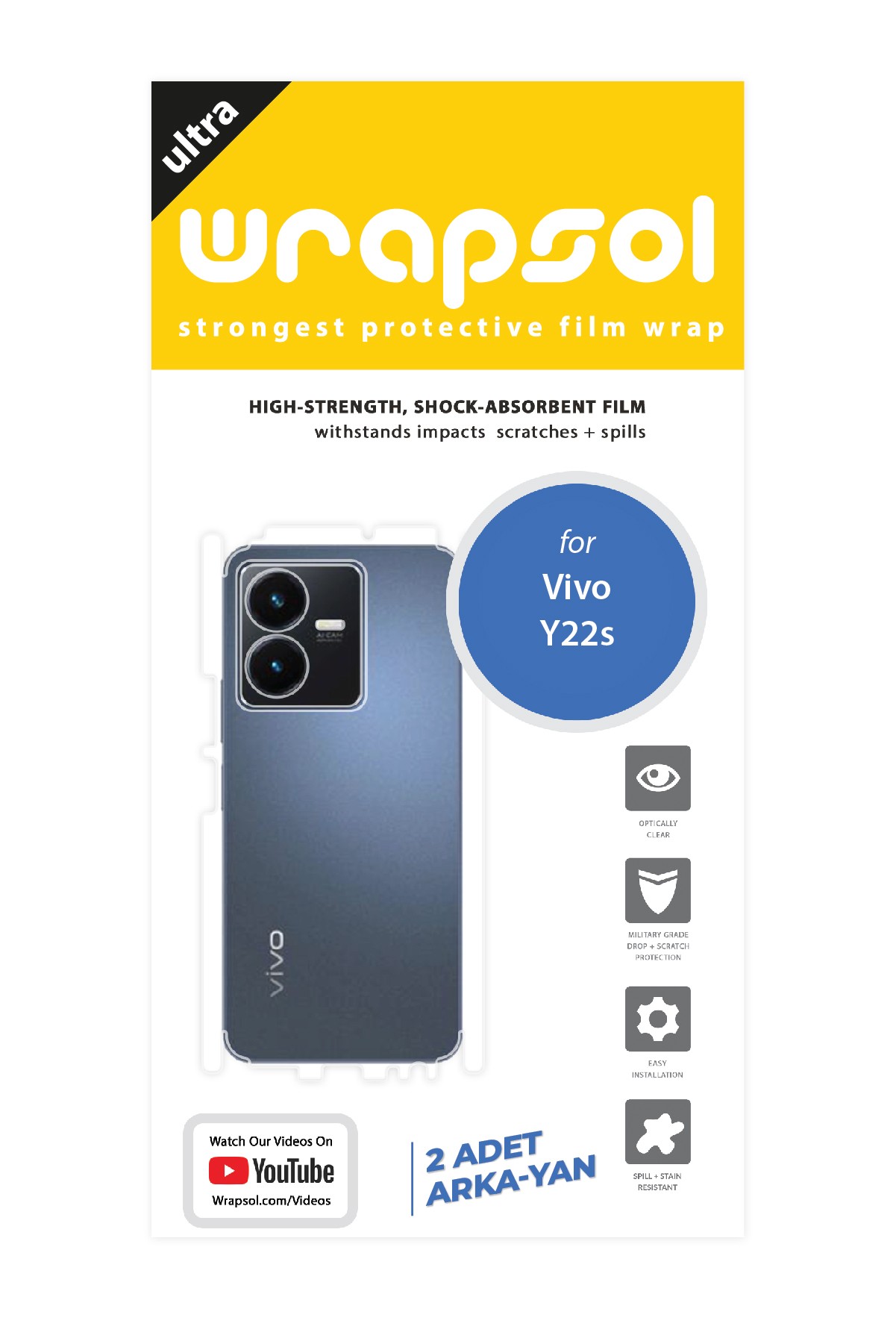 Vivo Y22s - Arka/Yan Koruyucu Parlak Şeffaf Poliüretan Film (150 micron)
