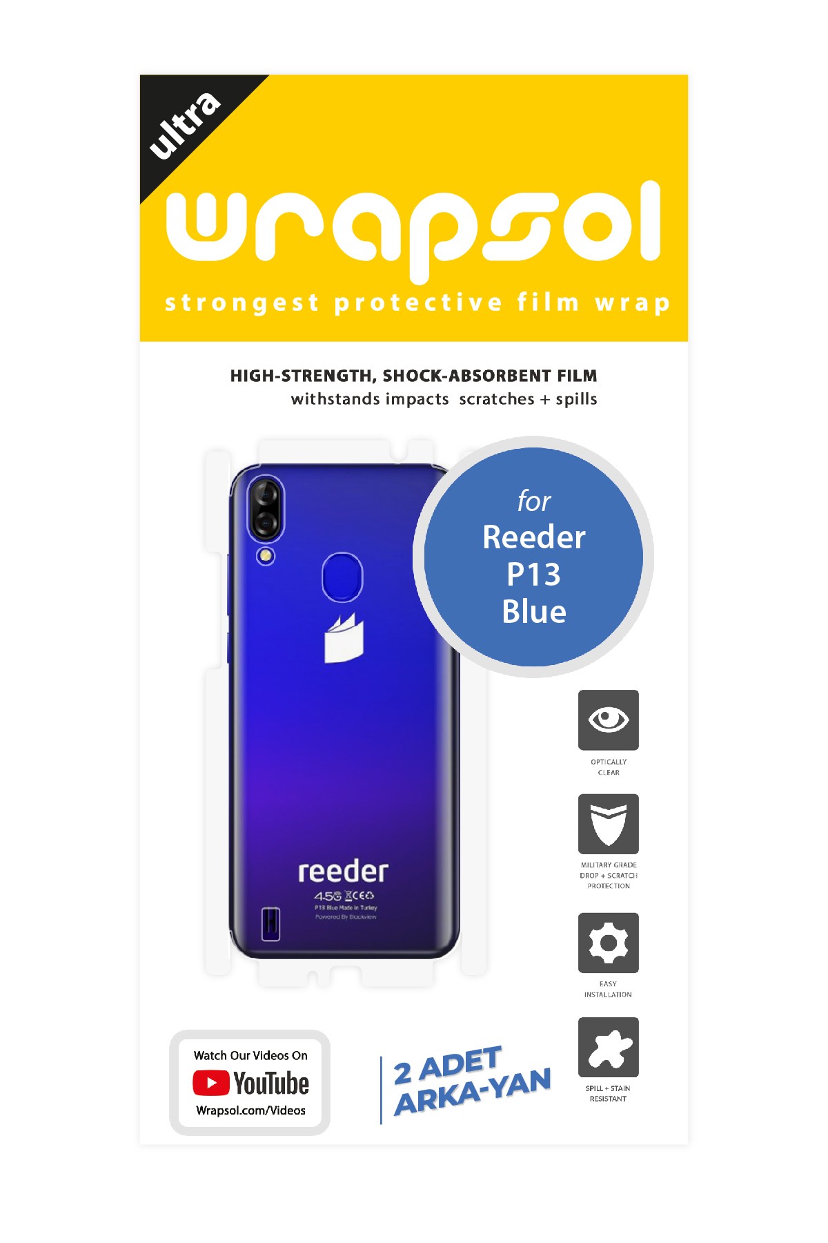 Reeder P13 Blue - Arka/Yan Koruyucu Parlak Şeffaf Poliüretan Film (150 micron)