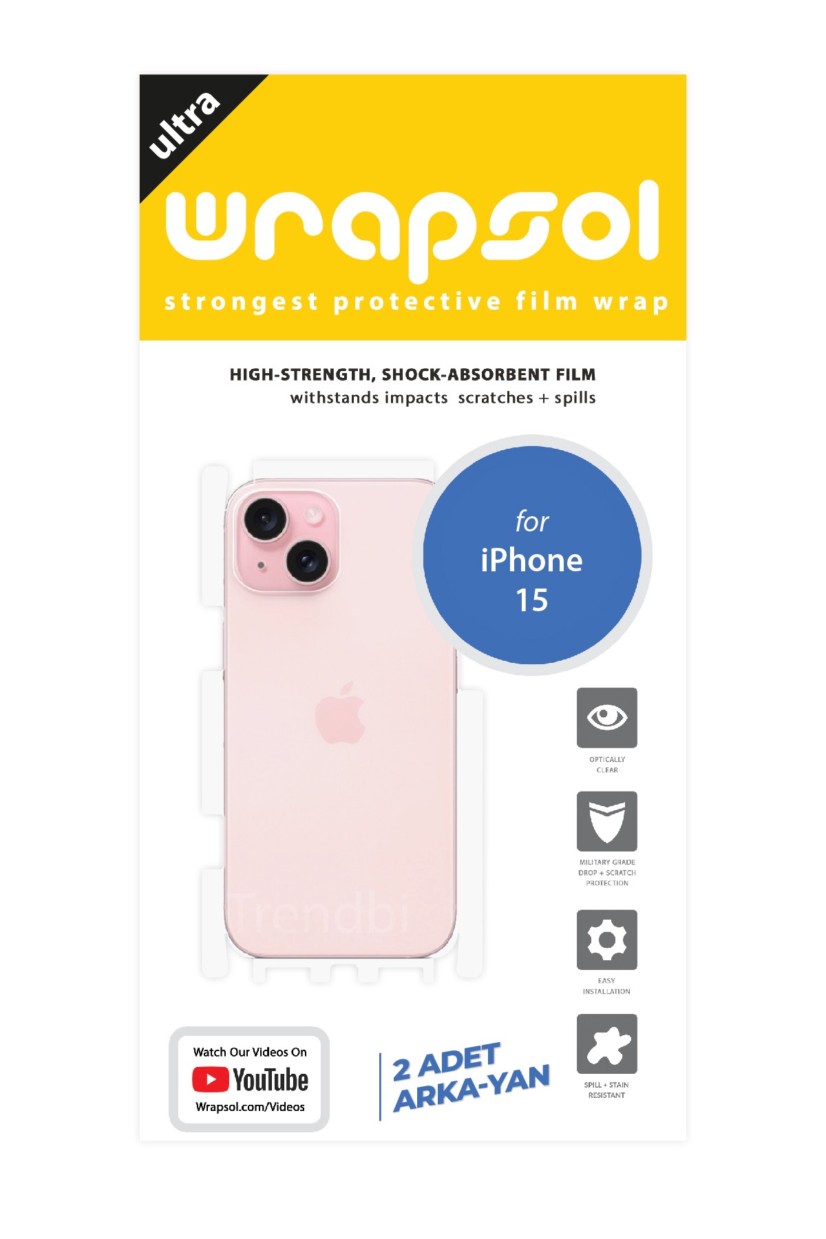 iPhone 15 - Arka/Yan Koruyucu Parlak Şeffaf Poliüretan Film (150 micron)