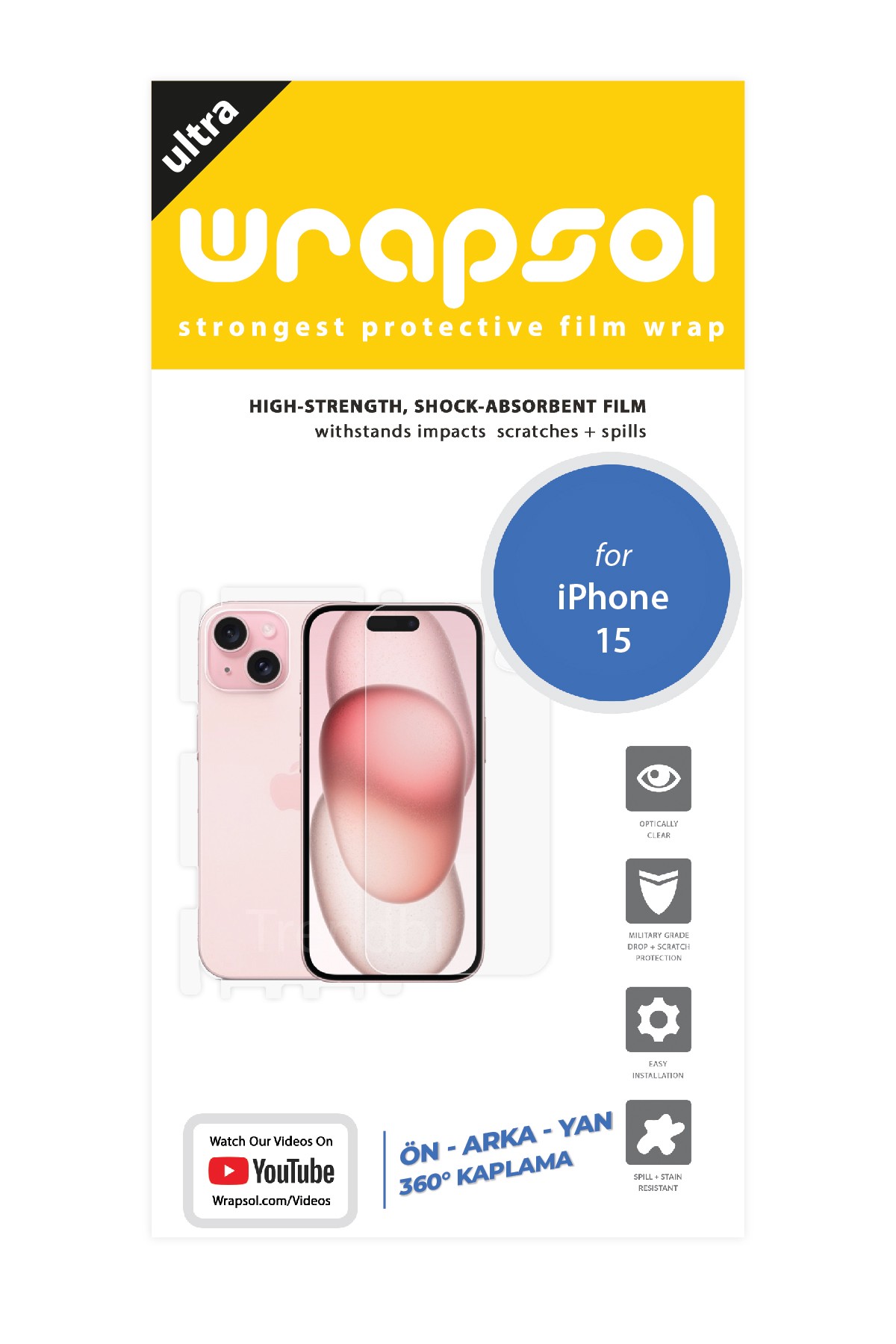 iPhone 15 - Fullbody Koruyucu Parlak Şeffaf Poliüretan Film (150 micron)