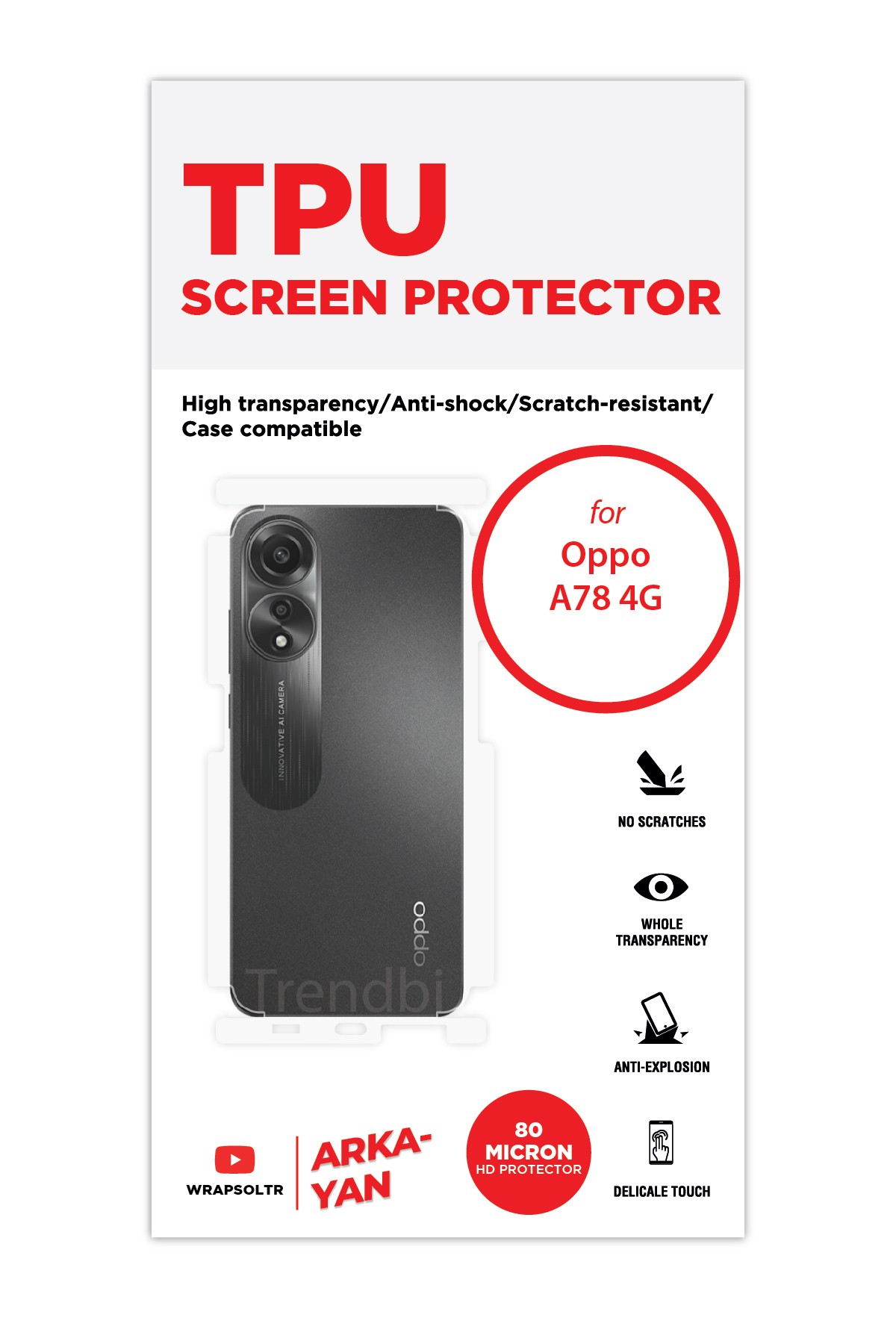 Oppo A78 4G - Arka/Yan Koruyucu Parlak Şeffaf TPU Film (80 micron)