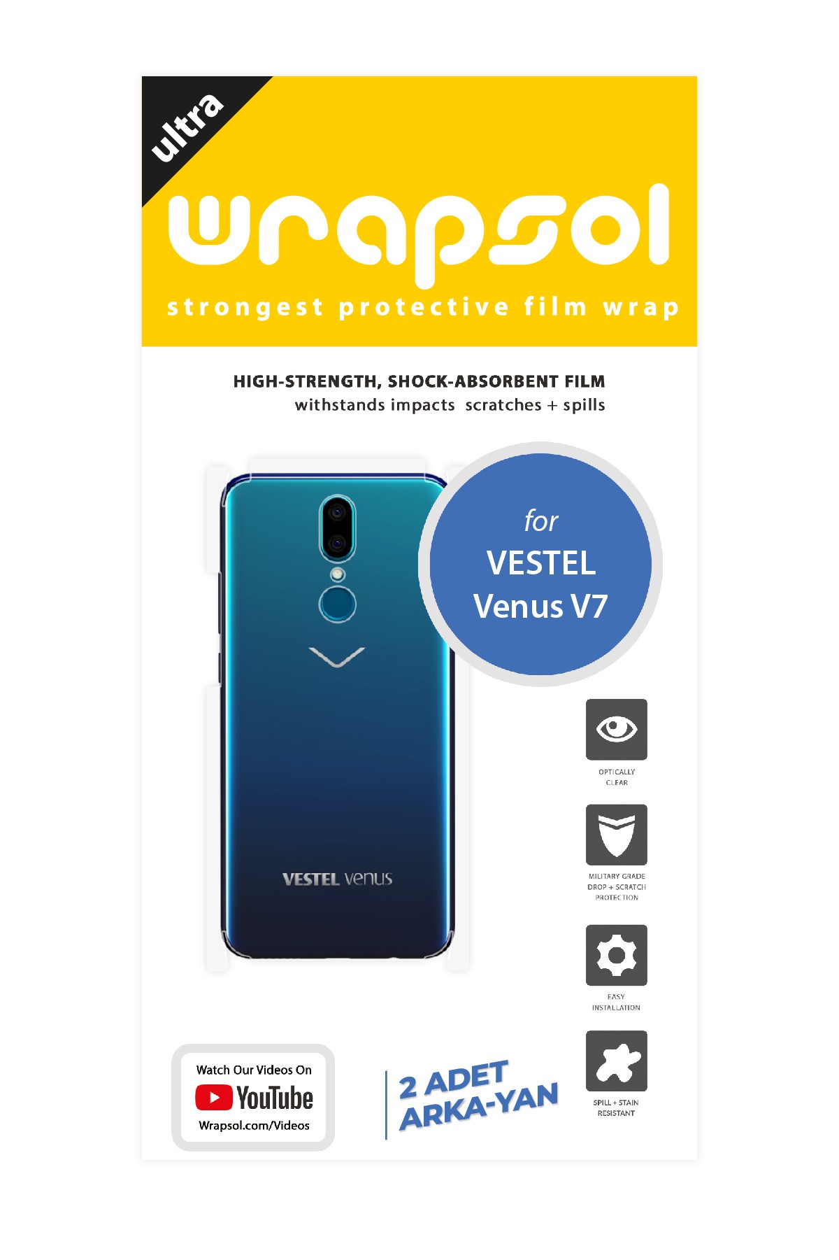 Vestel Venus V7 - Arka/Yan Koruyucu Parlak Şeffaf Poliüretan Film (150 micron)