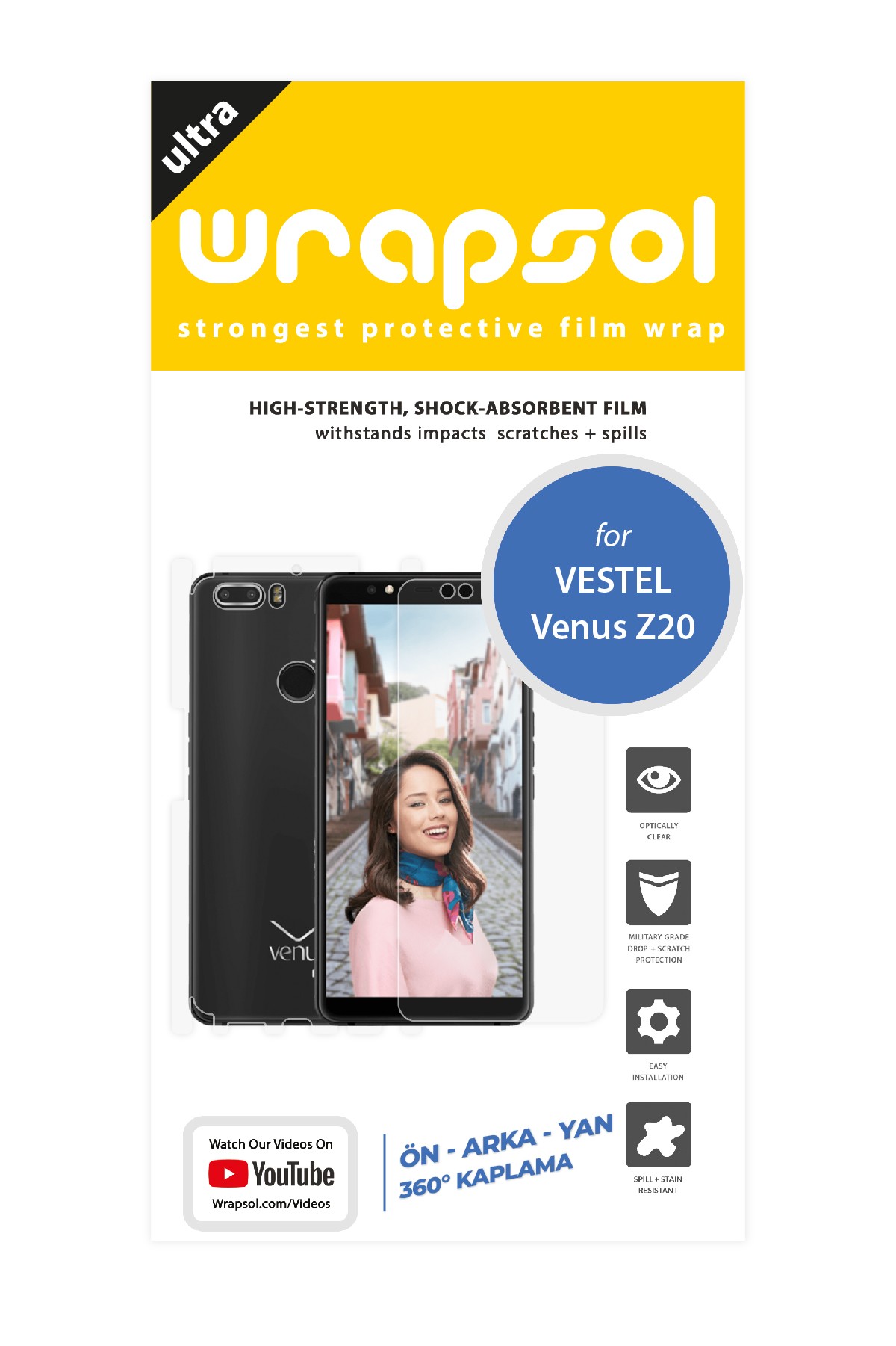 Vestel Venus Z20 - Fullbody Koruyucu Parlak Şeffaf Poliüretan Film (150 micron)