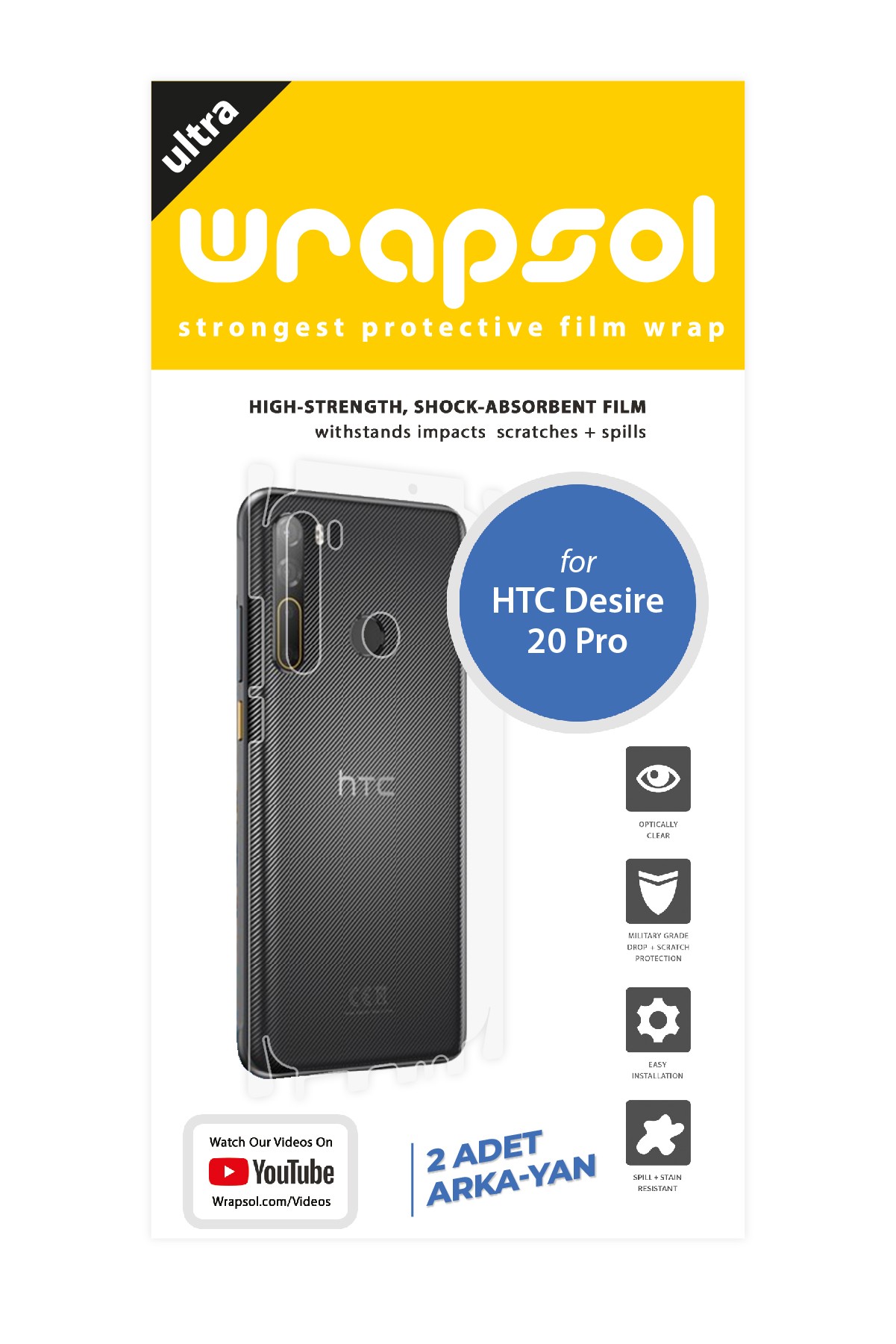 HTC Desire 20 Pro - Arka/Yan Koruyucu Parlak Şeffaf Poliüretan Film (150 micron)