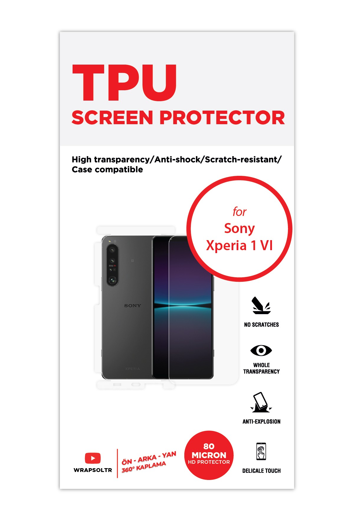 Sony Xperia 1 VI - Fullbody Koruyucu Parlak Şeffaf TPU Film (80 micron)