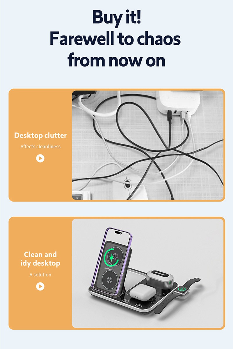 15W Hızlı Wireless Kablosuz Şarj Standı 4 in 1 Masaüstü İstasyon -iPhone-android-watch-airpods Uyumlu