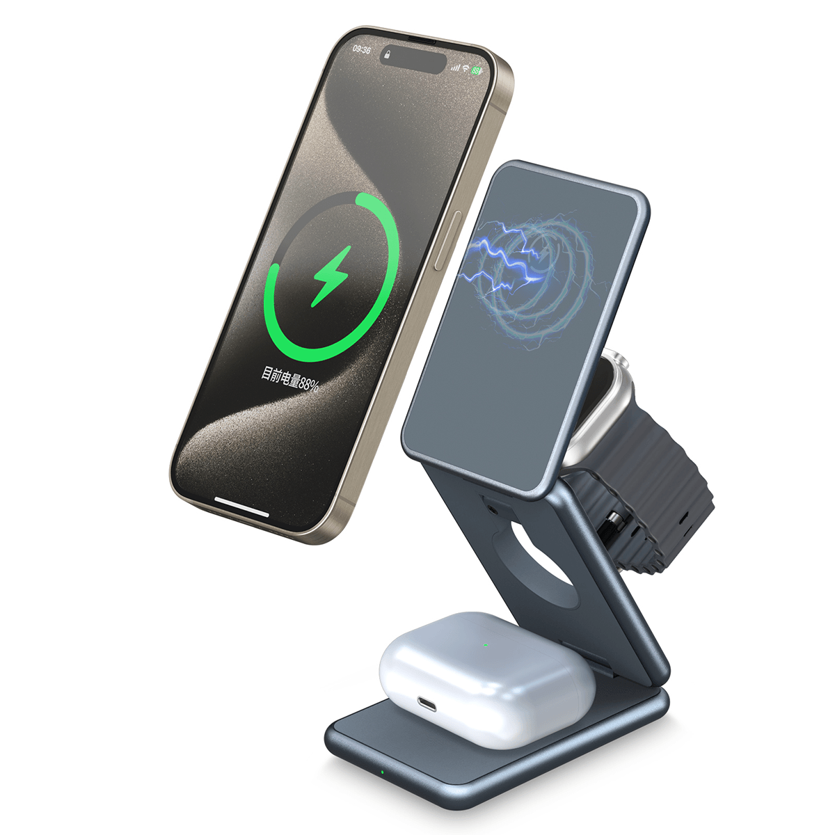 AirFlod 15W Wireless Kablosuz Şarj Standı Alüminyum Katlanabilir 3in1 iPhone-android-watch-airpods