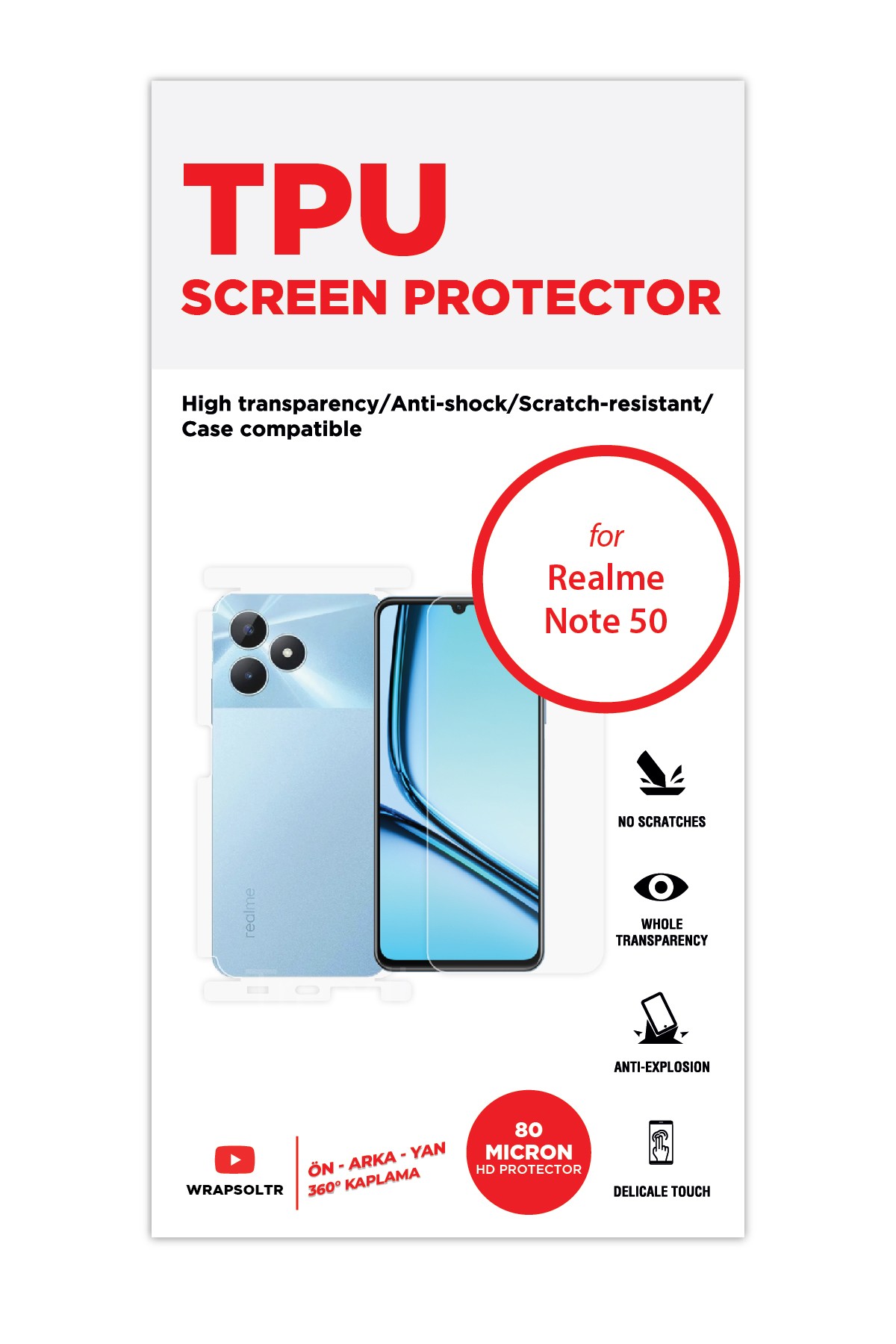 Realme Note 50 - Fullbody Koruyucu Parlak Şeffaf TPU Film (80 micron)