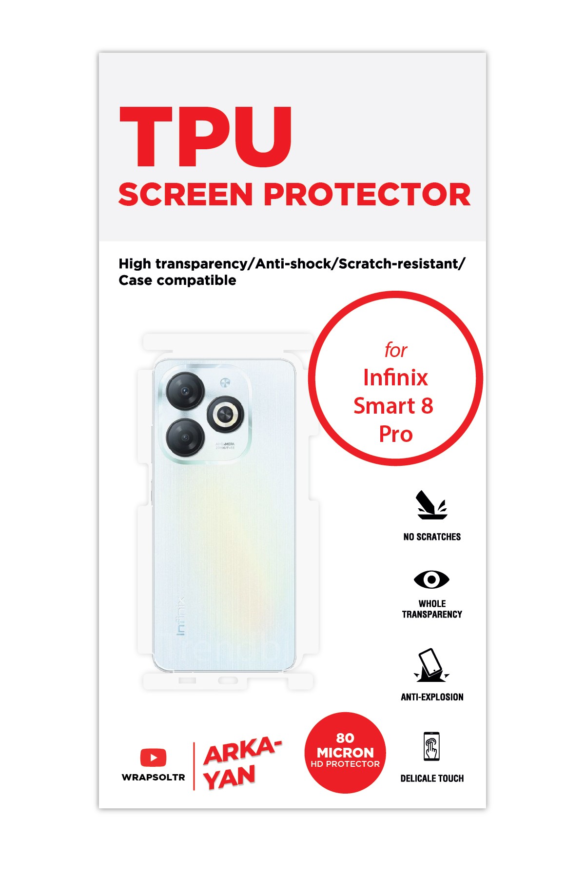Infinix Smart 8 Pro - Arka/Yan Koruyucu Parlak Şeffaf TPU Film (80 micron)