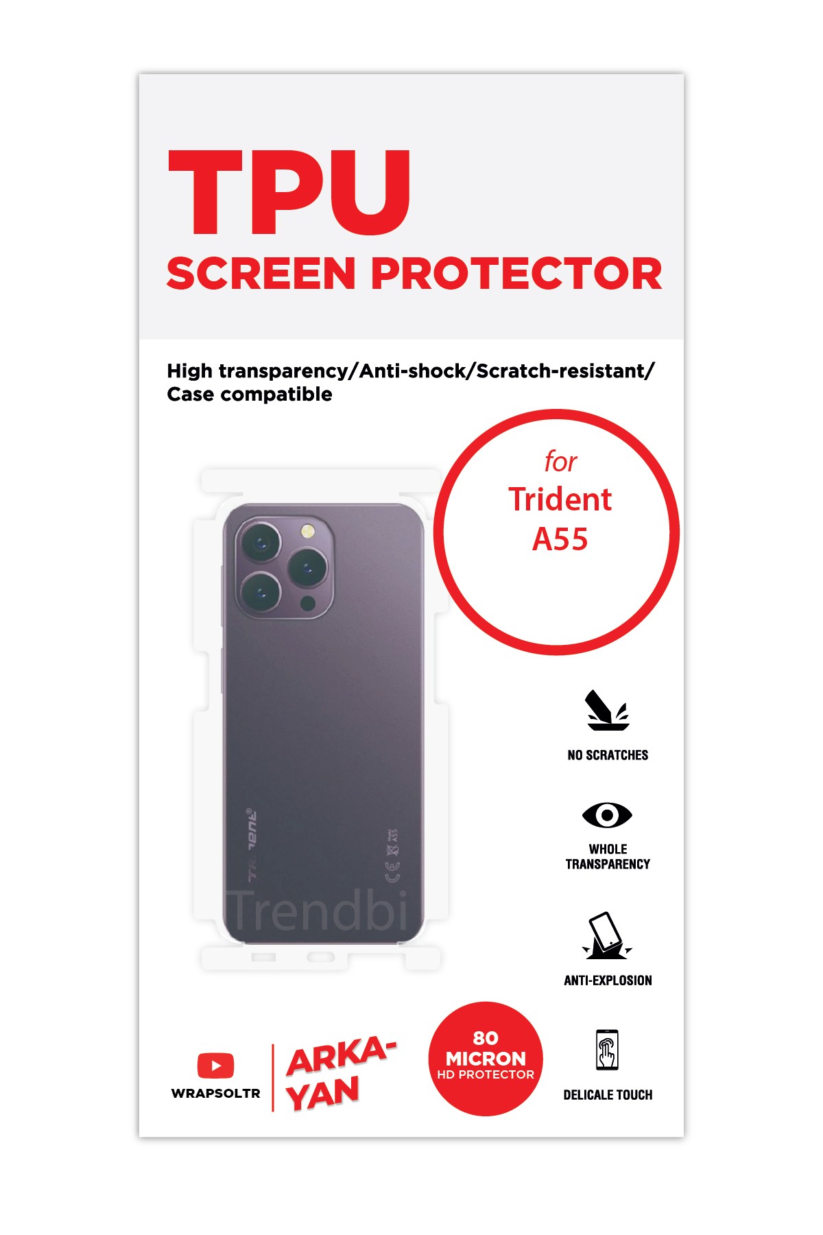 Trident A55 - Arka/Yan Koruyucu Parlak Şeffaf TPU Film (80 micron)