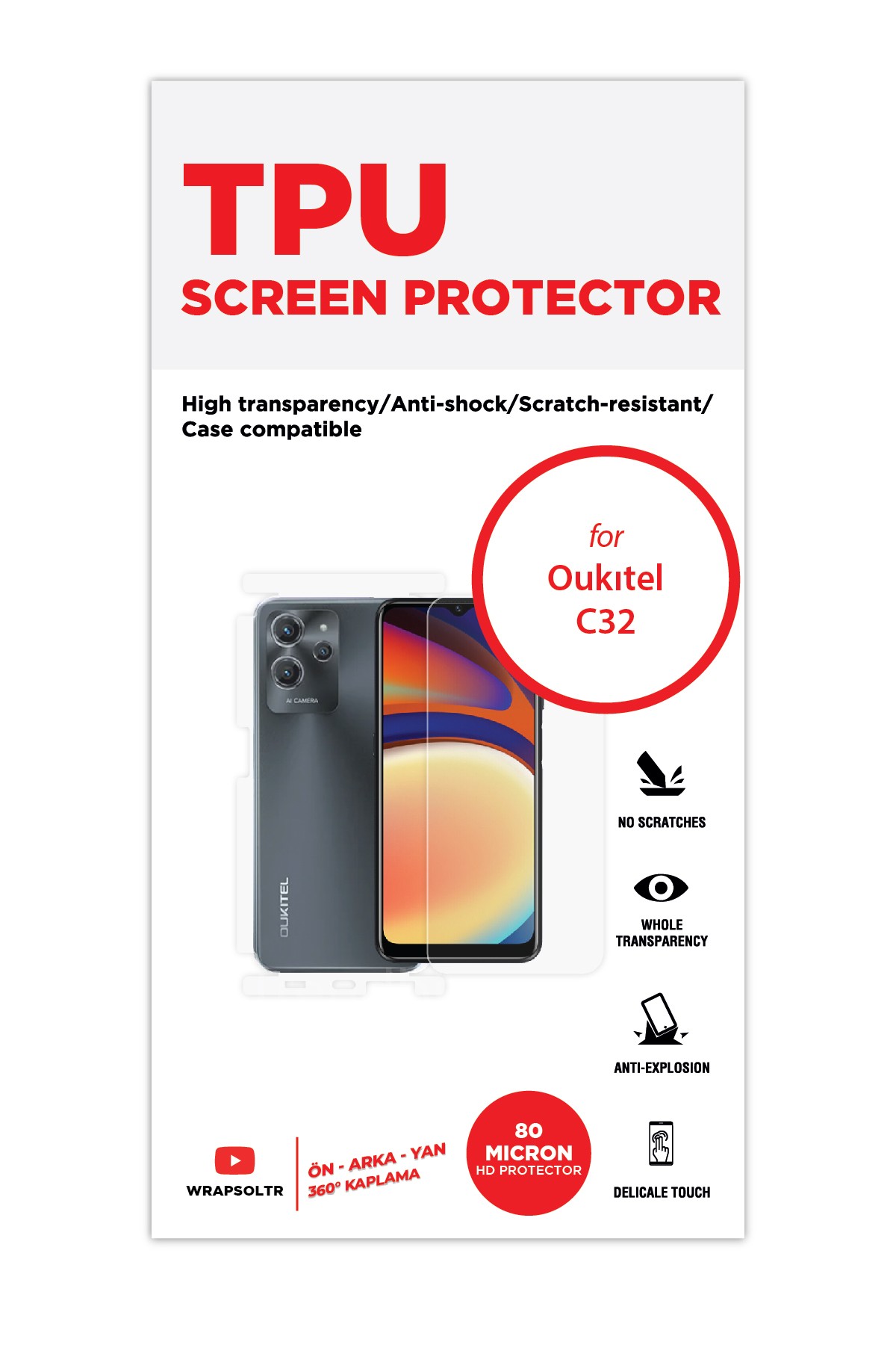 Oukitel C32 - Fullbody Koruyucu Parlak Şeffaf TPU Film (80 micron)