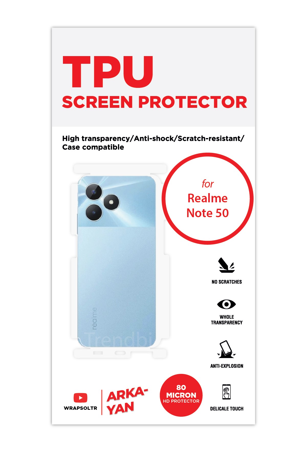 Realme Note 50 - Arka/Yan Koruyucu Parlak Şeffaf TPU Film (80 micron)
