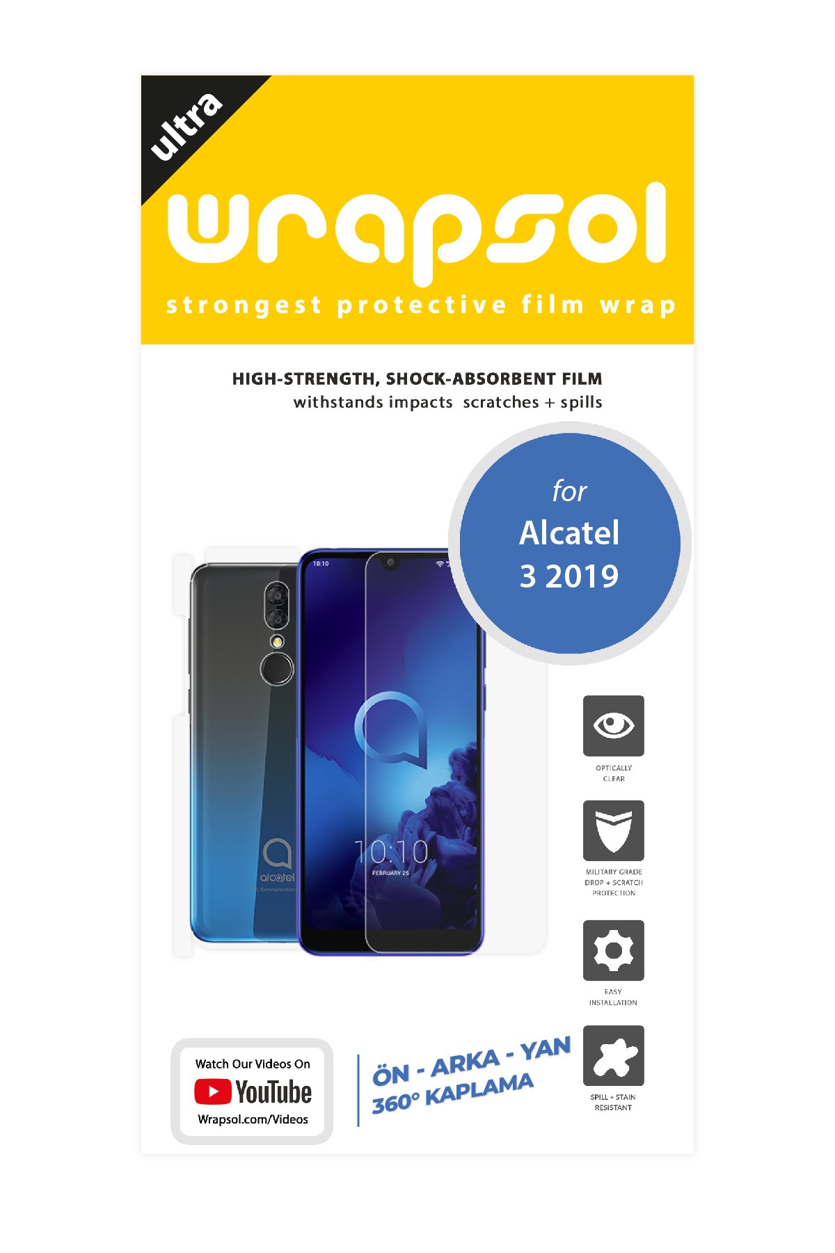 Alcatel 3 2019 - Fullbody Koruyucu Parlak Şeffaf Poliüretan Film (150 micron)