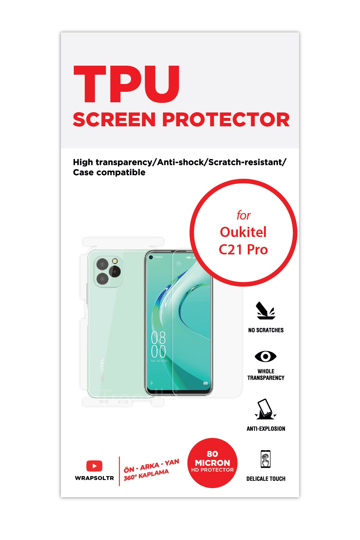 Oukitel C21 Pro - Fullbody Koruyucu Parlak Şeffaf TPU Film (80 micron)