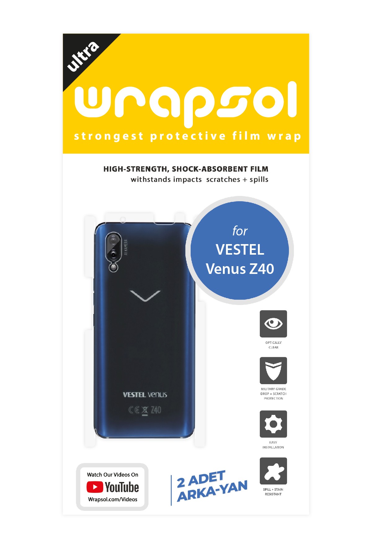 Vestel Venus Z40 - Arka/Yan Koruyucu Parlak Şeffaf Poliüretan Film (150 micron)