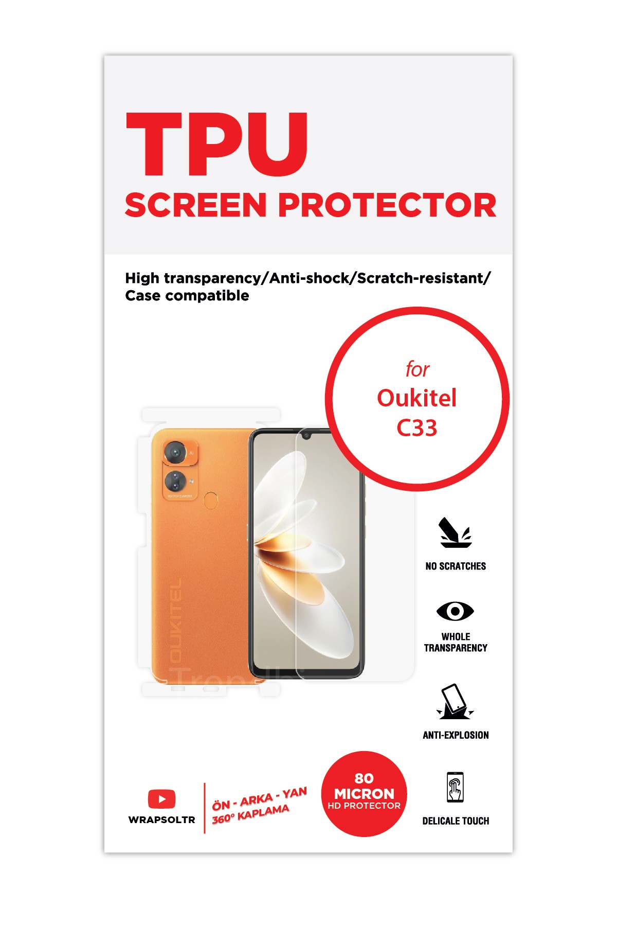 Oukitel C33 - Fullbody Koruyucu Parlak Şeffaf TPU Film (80 micron)