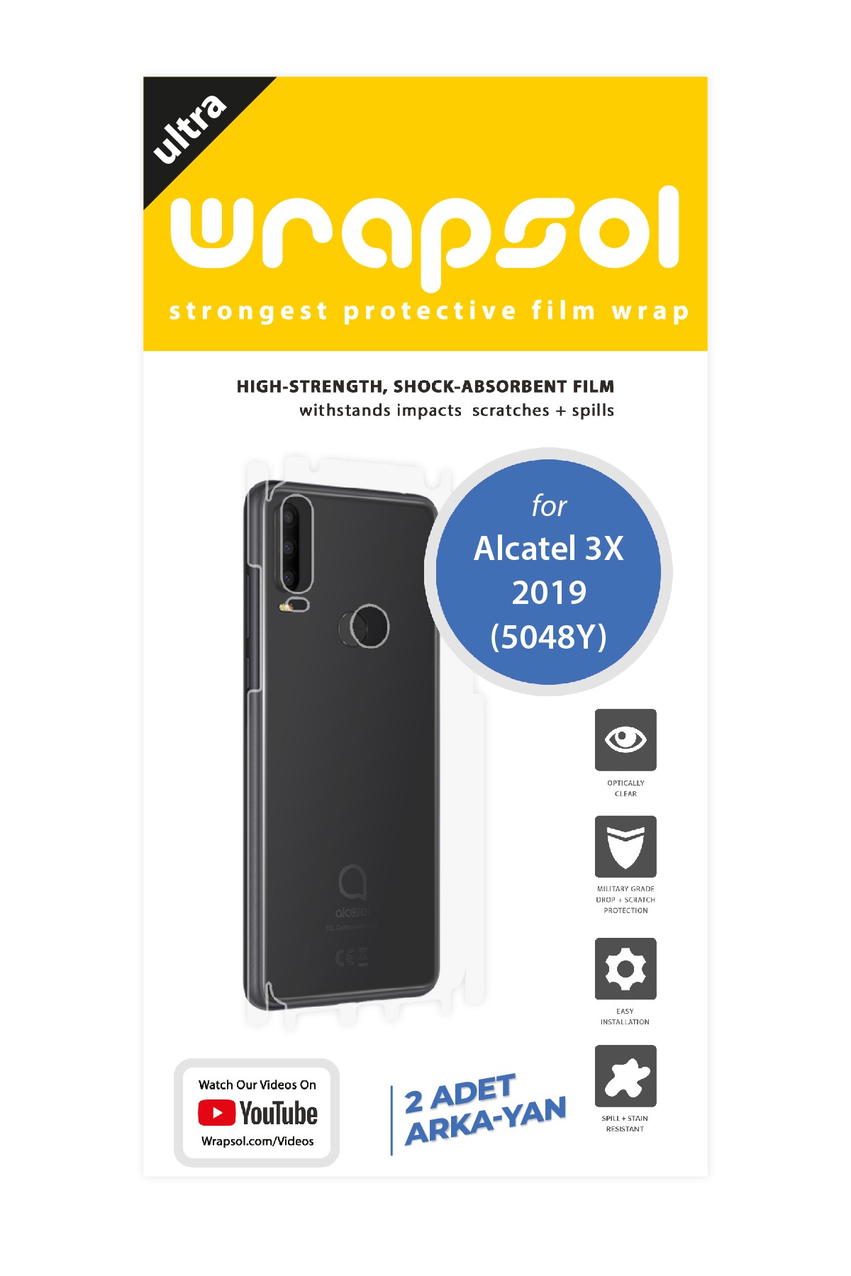 Alcatel 3X 2019 - Arka/Yan Koruyucu Parlak Şeffaf Poliüretan Film (150 micron)