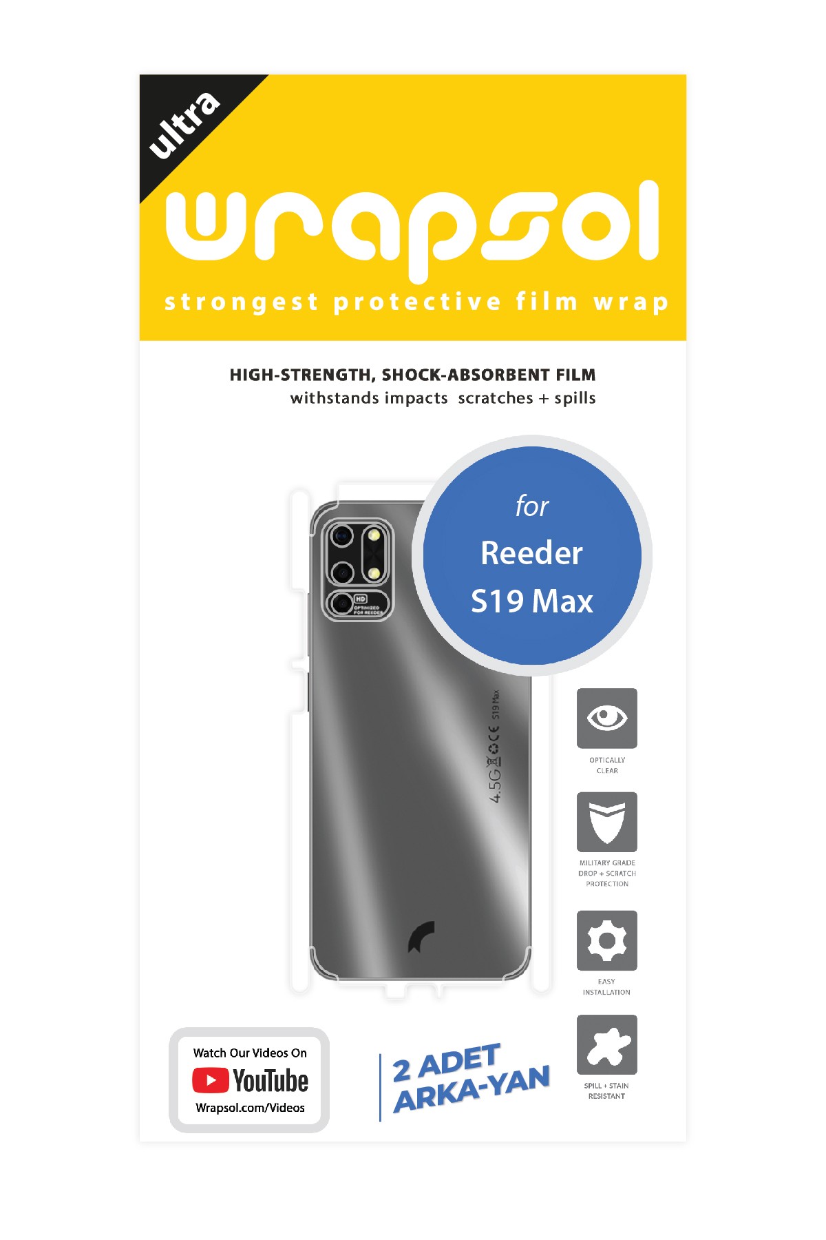 Reeder S19 Max - Arka/Yan Koruyucu Parlak Şeffaf Poliüretan Film (150 micron)