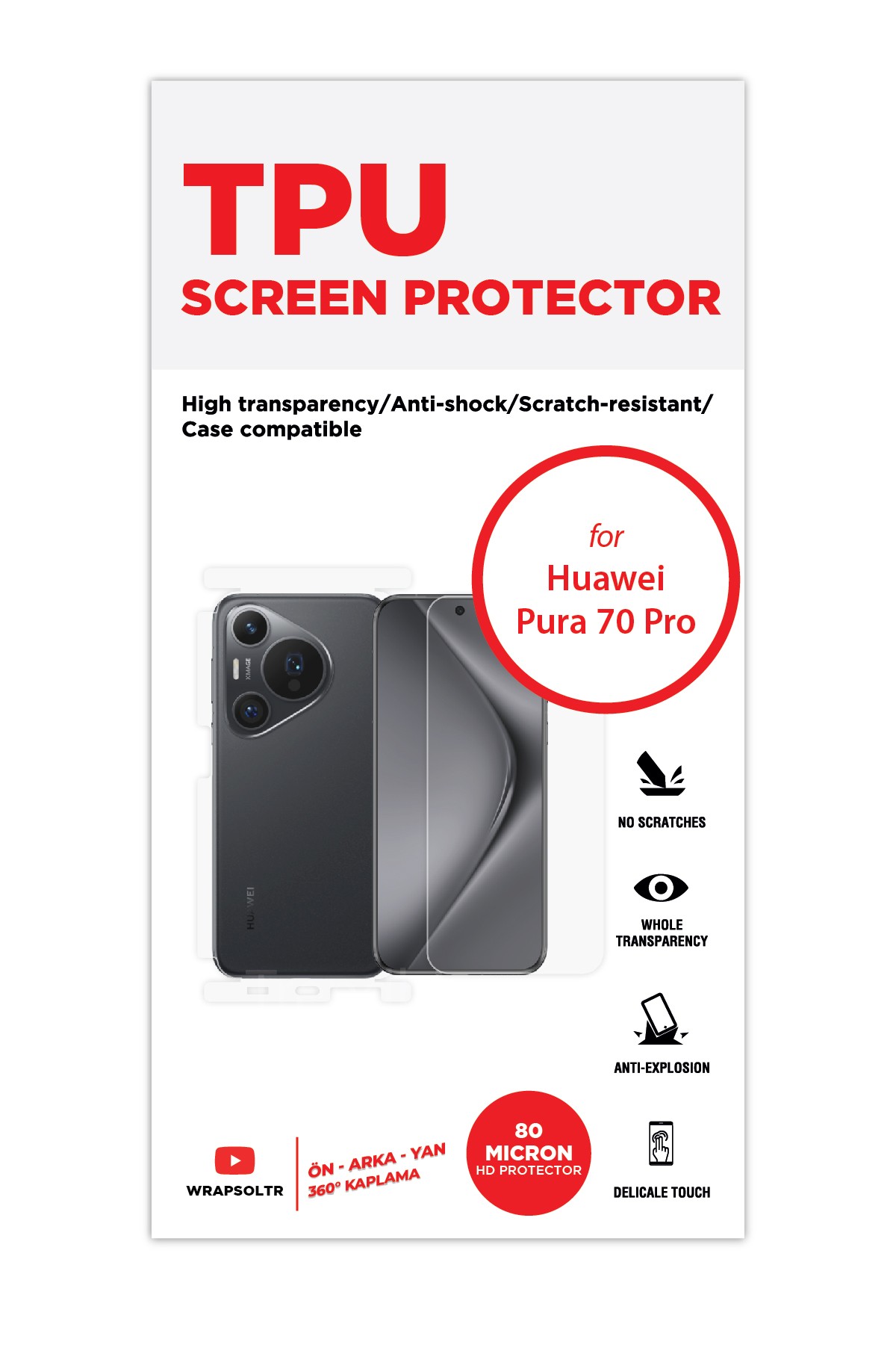 Huawei Pura 70 Pro - Fullbody Koruyucu Parlak Şeffaf TPU Film (80 micron)