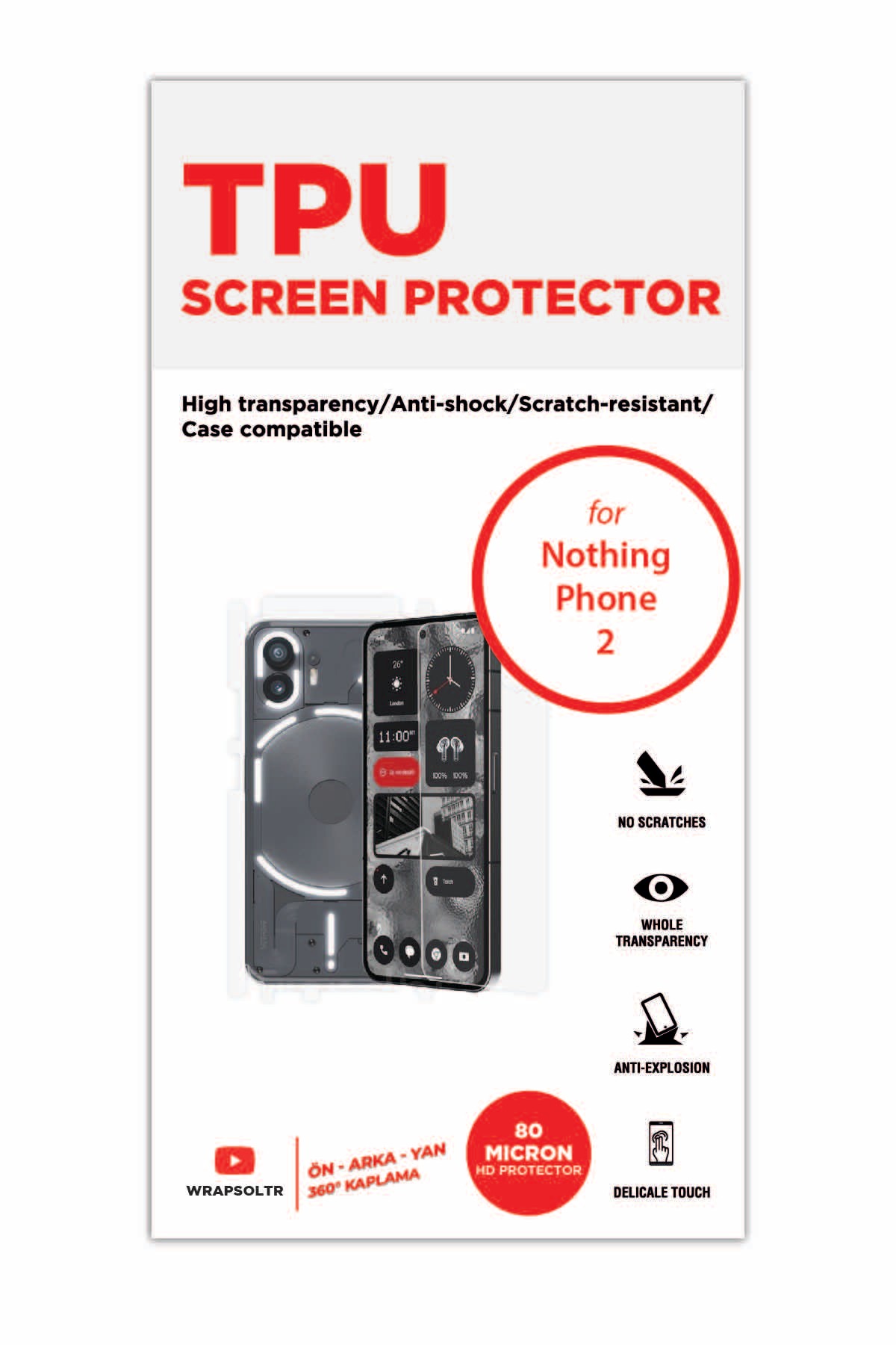 Nothing Phone 2 - Fullbody Koruyucu Parlak Şeffaf TPU Film (80 micron)