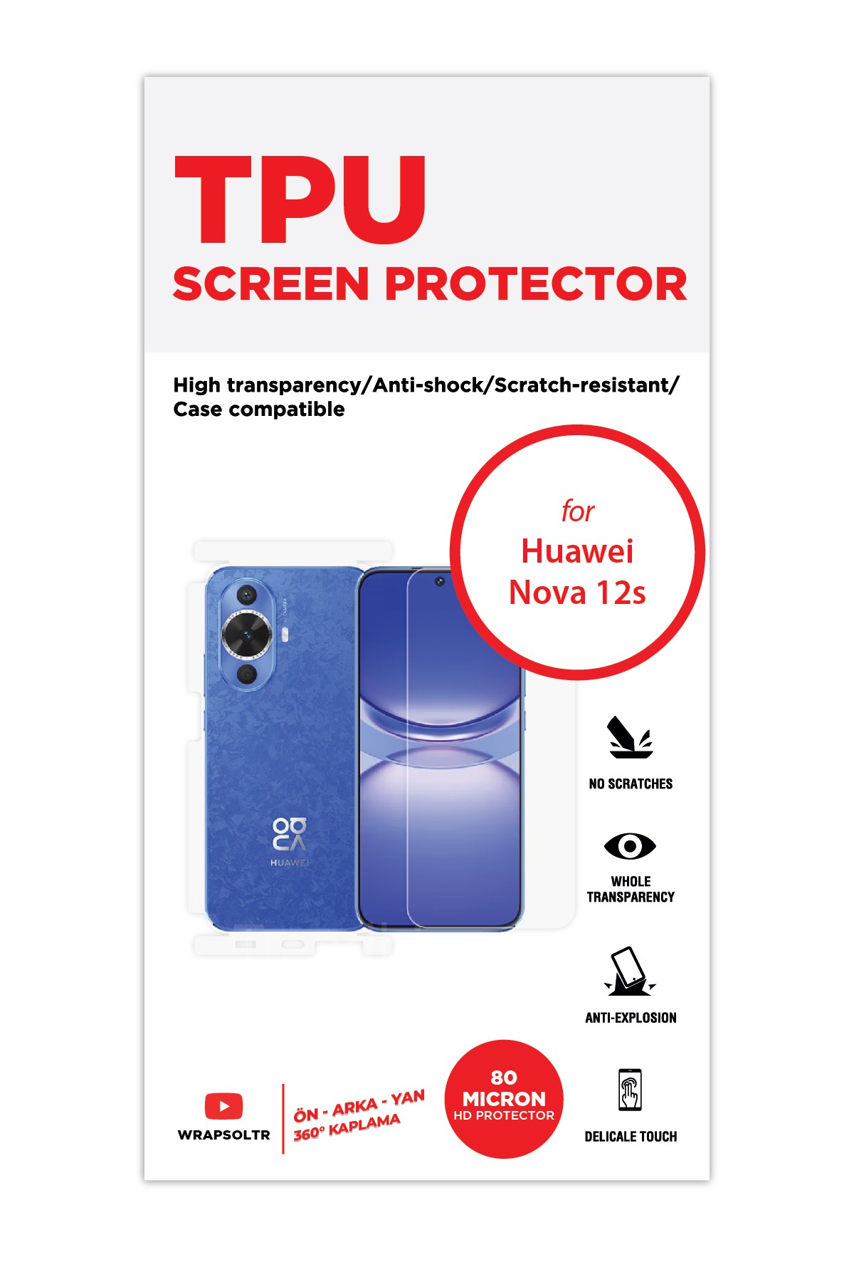 Huawei Nova 12s - Fullbody Koruyucu Parlak Şeffaf TPU Film (80 micron)