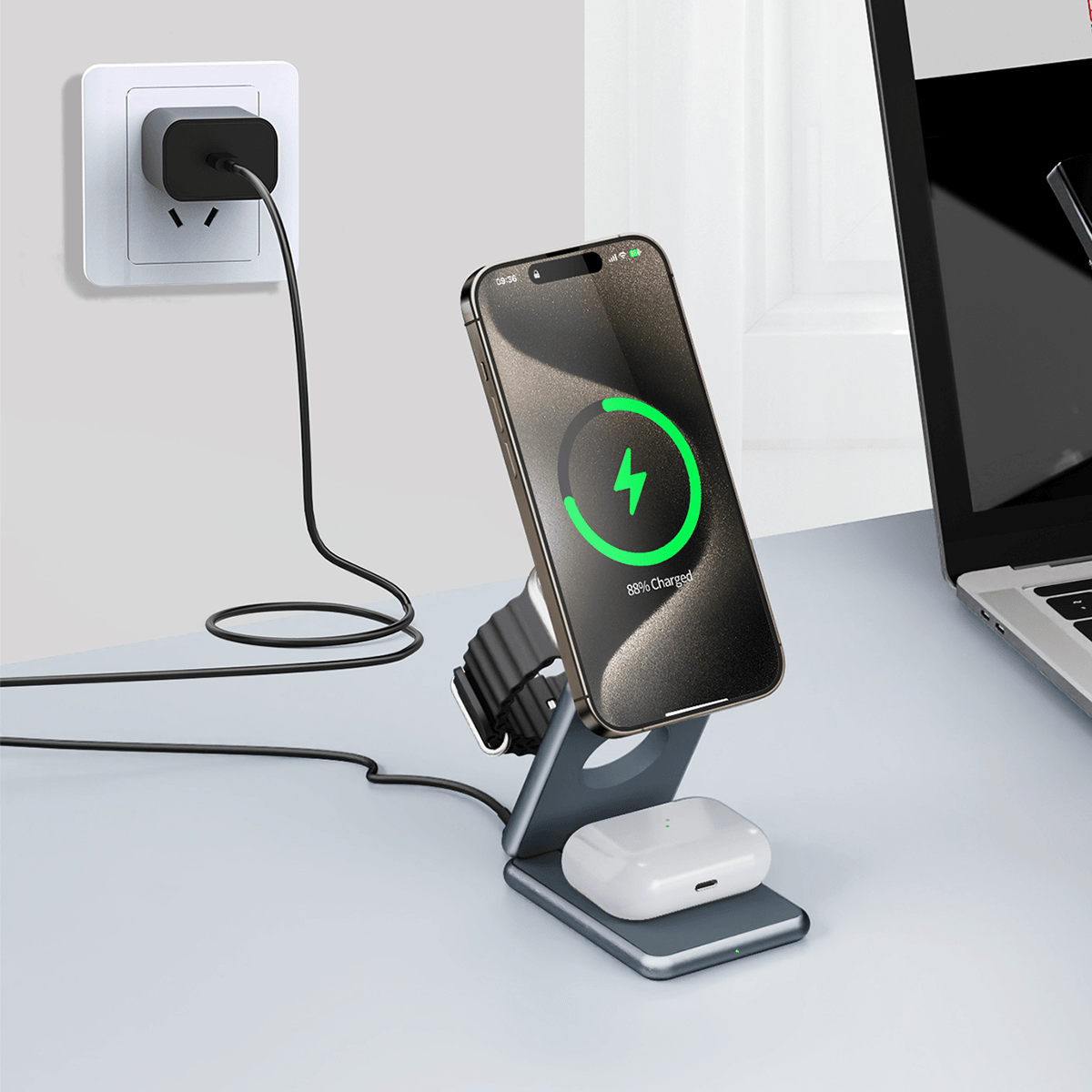 AirFlod 15W Wireless Kablosuz Şarj Standı Alüminyum Katlanabilir 3in1 iPhone-android-watch-airpods