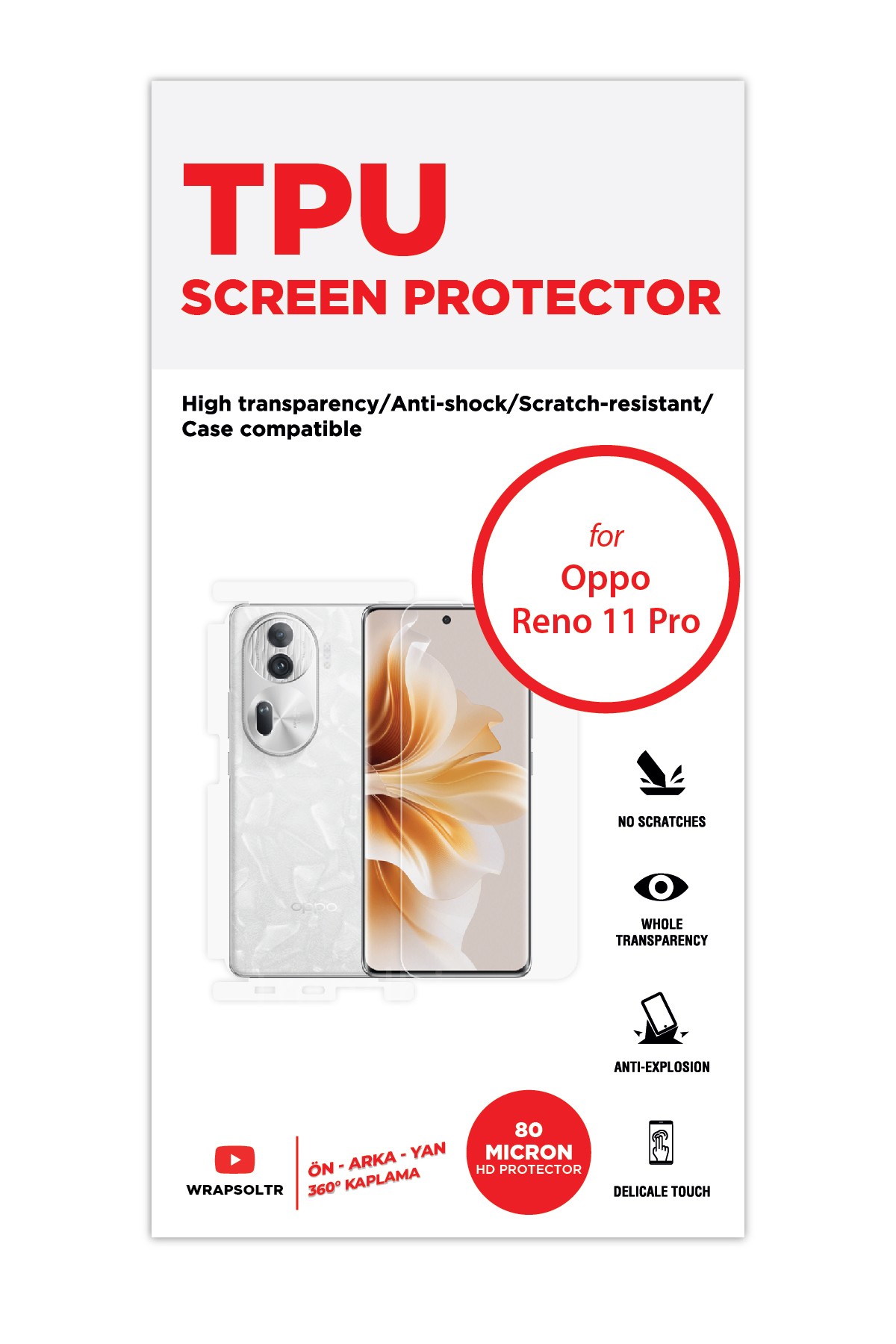 Oppo Reno 11 Pro - Fullbody Koruyucu Parlak Şeffaf TPU Film (80 micron)