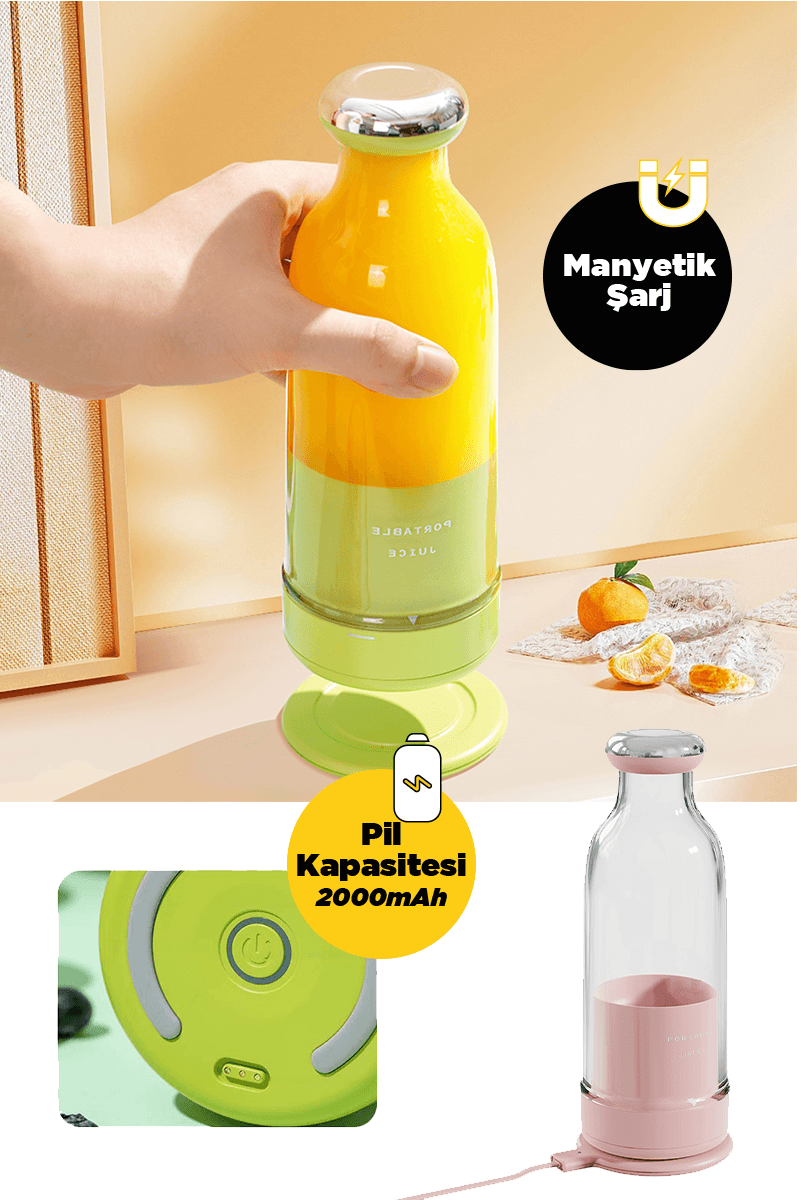 Smoothie Blender Taşınabilir Şarjlı Kişisel Mini Meyve Karıştırıcı 300 ml - Pembe