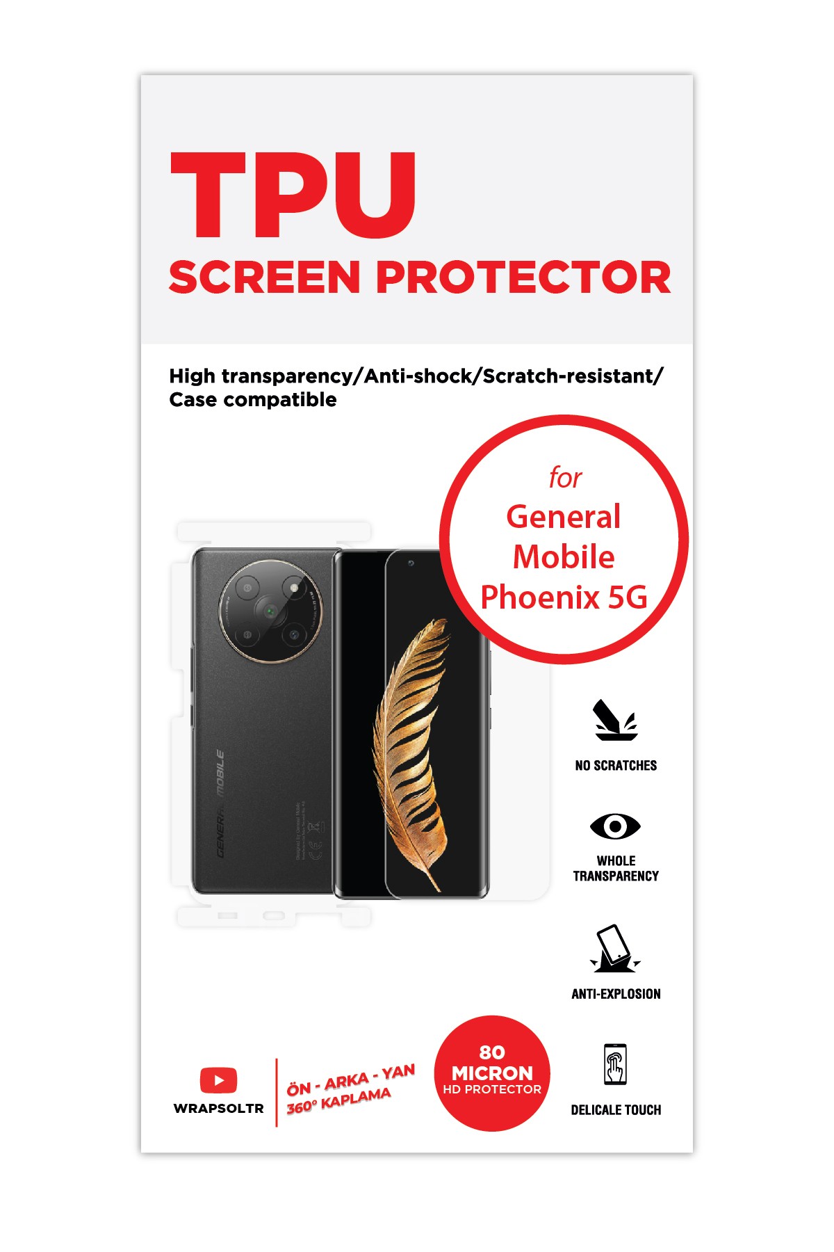 General Mobile Phoenix 5G - Fullbody Koruyucu Parlak Şeffaf TPU Film (80 micron)