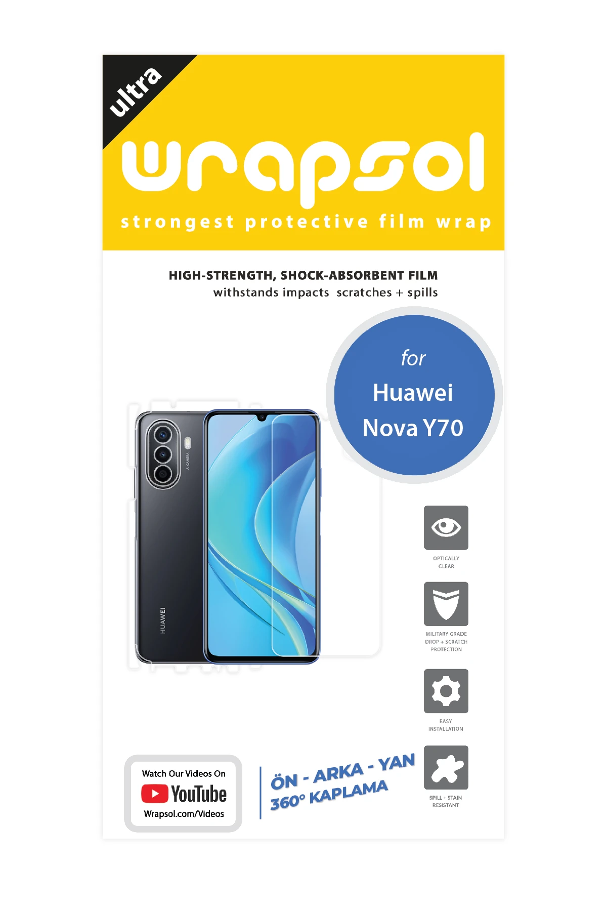 Huawei Nova Y70 - Fullbody Koruyucu Parlak Şeffaf Poliüretan Film (150 micron)