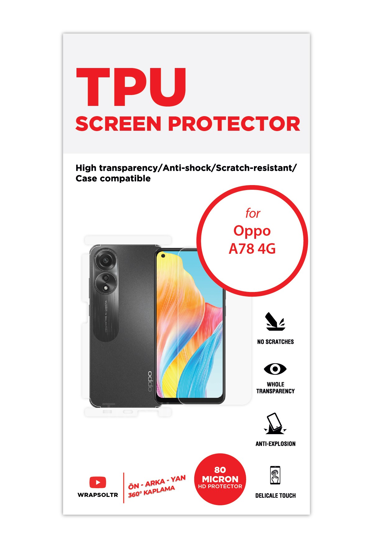 Oppo A78 4G - Fullbody Koruyucu Parlak Şeffaf TPU Film (80 micron)