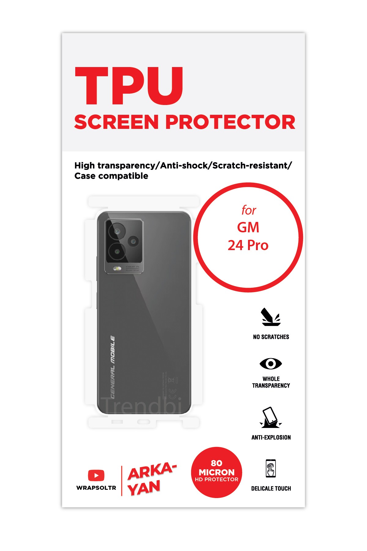 General Mobile GM 24 Pro - Arka/Yan Koruyucu Parlak Şeffaf TPU Film (80 micron)