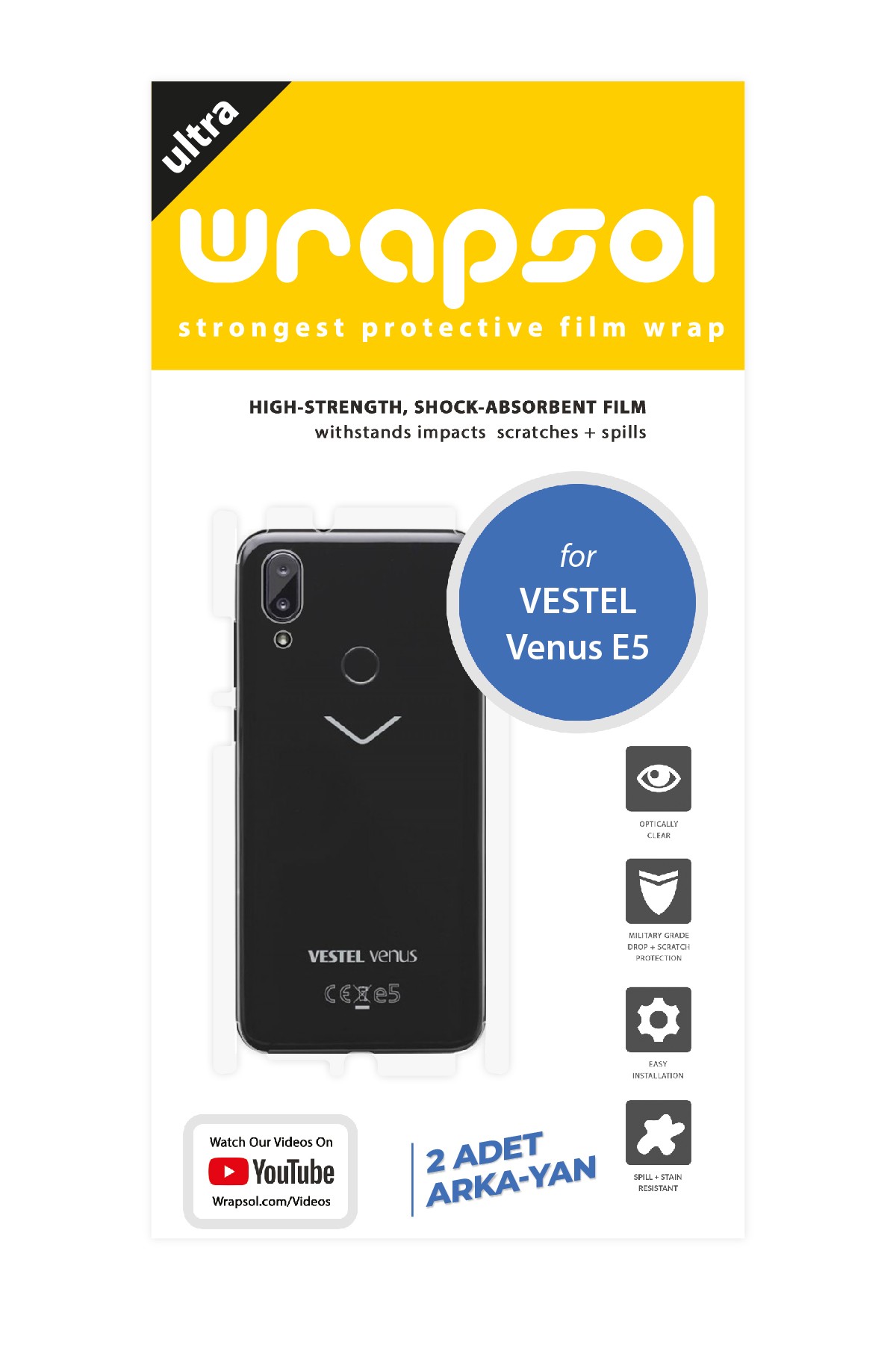 Vestel Venus E5 - Arka/Yan Koruyucu Parlak Şeffaf Poliüretan Film (150 micron)