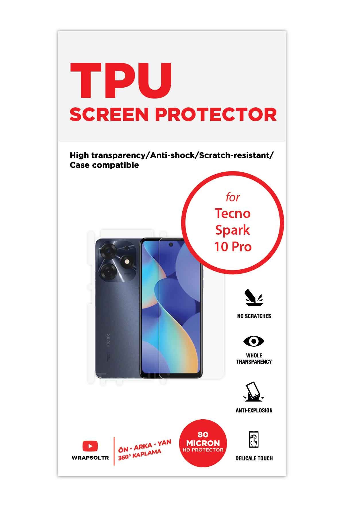 Tecno Spark 10 Pro - Fullbody Koruyucu Parlak Şeffaf TPU Film (80 micron)