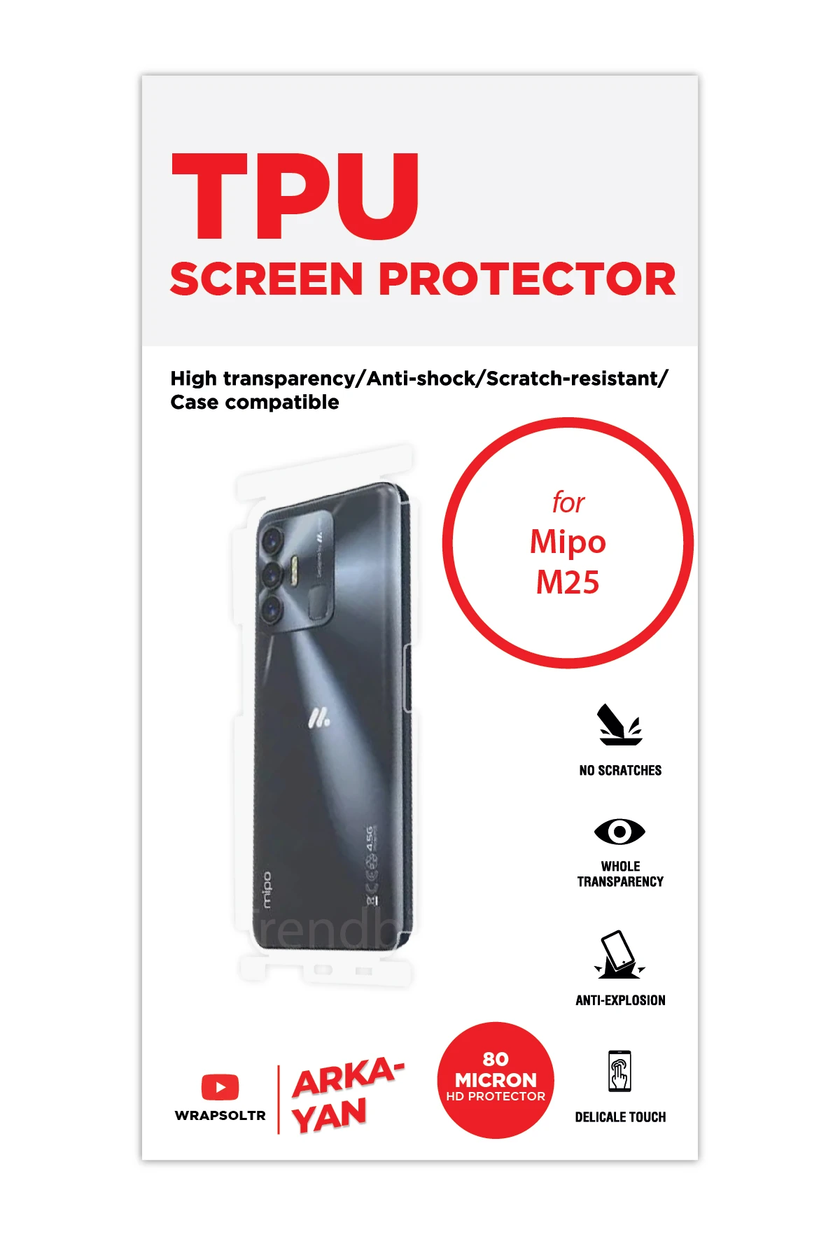 Mipo M25 - Arka/Yan Koruyucu Parlak Şeffaf TPU Film (80 micron)