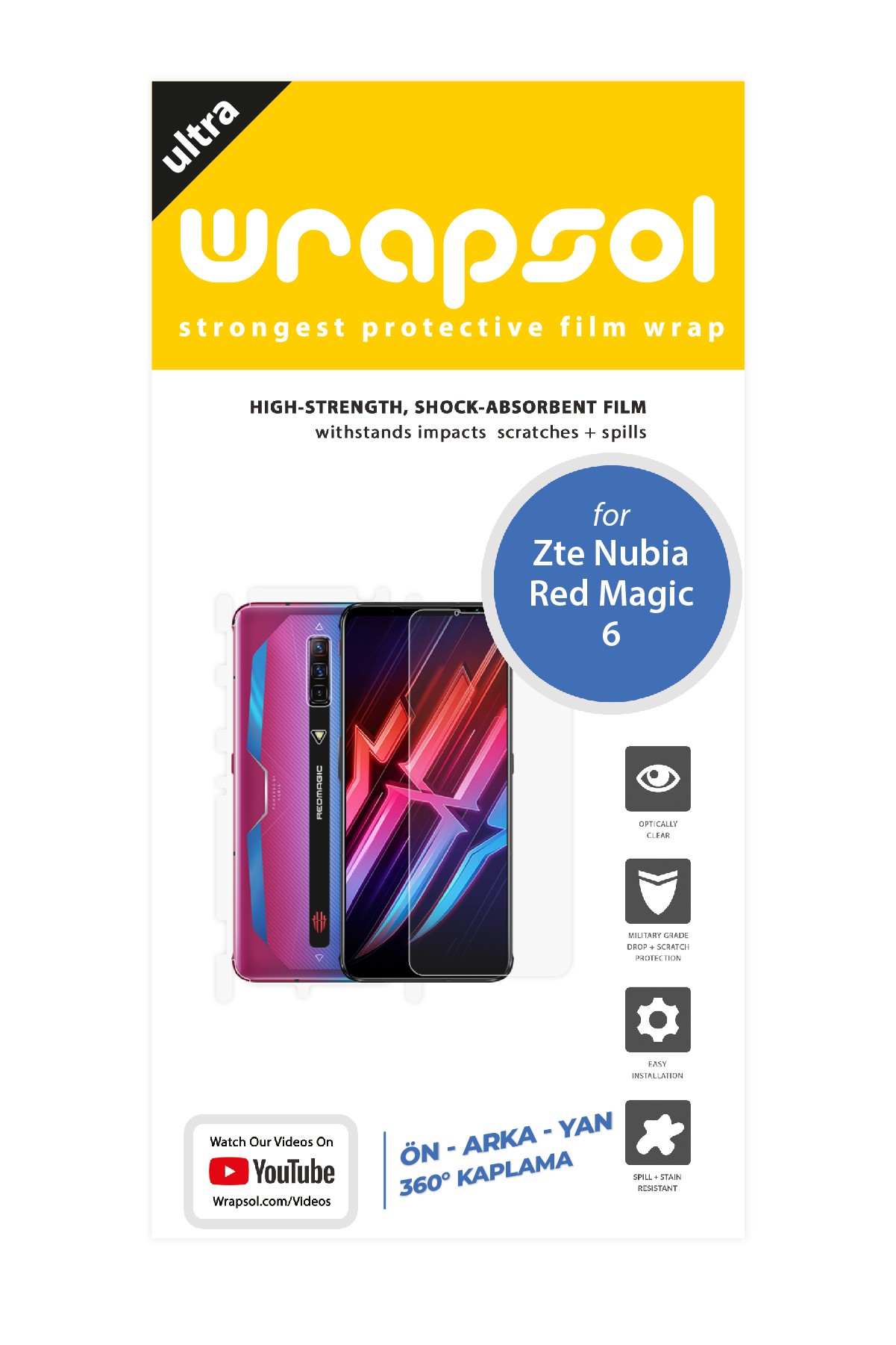ZTE Nubia Red Magic 6 - Fullbody Koruyucu Parlak Şeffaf Poliüretan Film (150 micron)