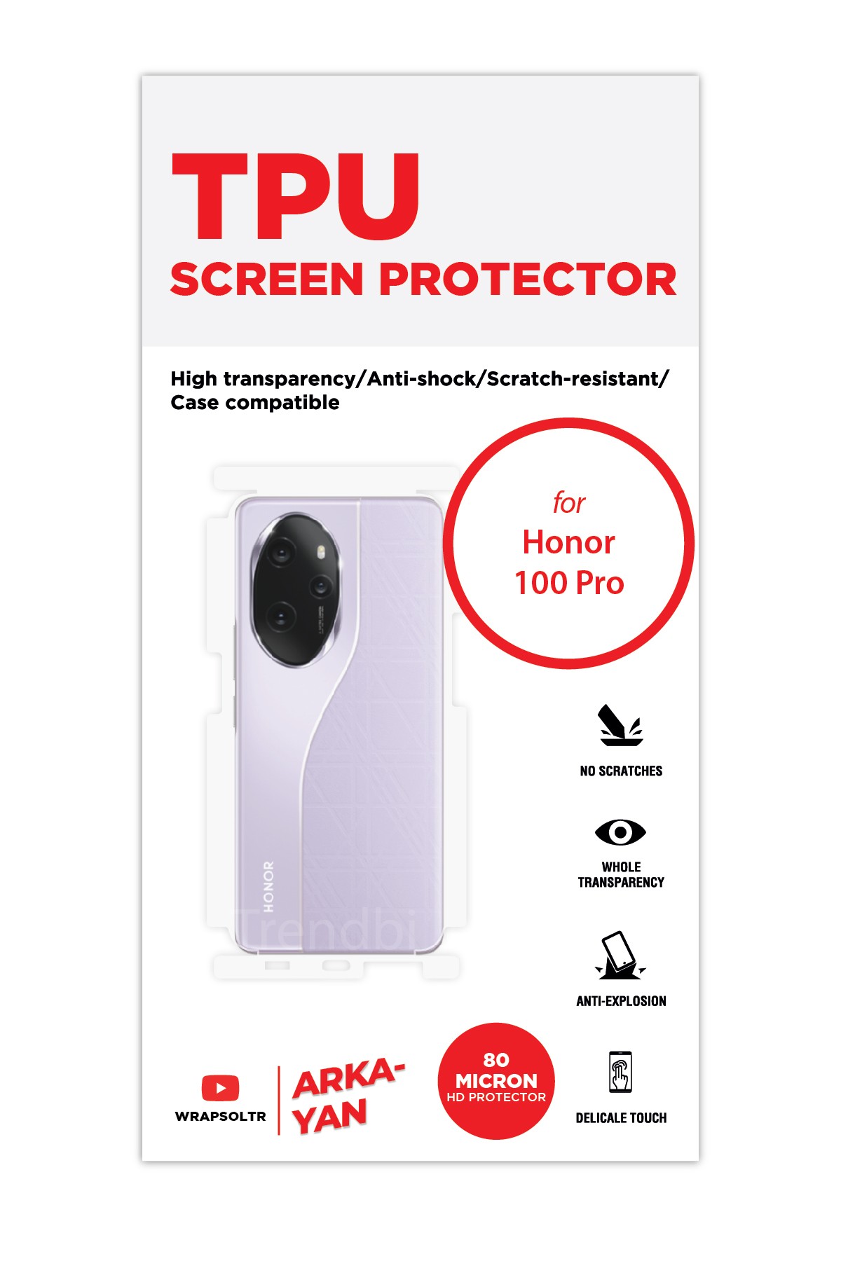 Honor 100 Pro - Arka/Yan Koruyucu Parlak Şeffaf TPU Film (80 micron)