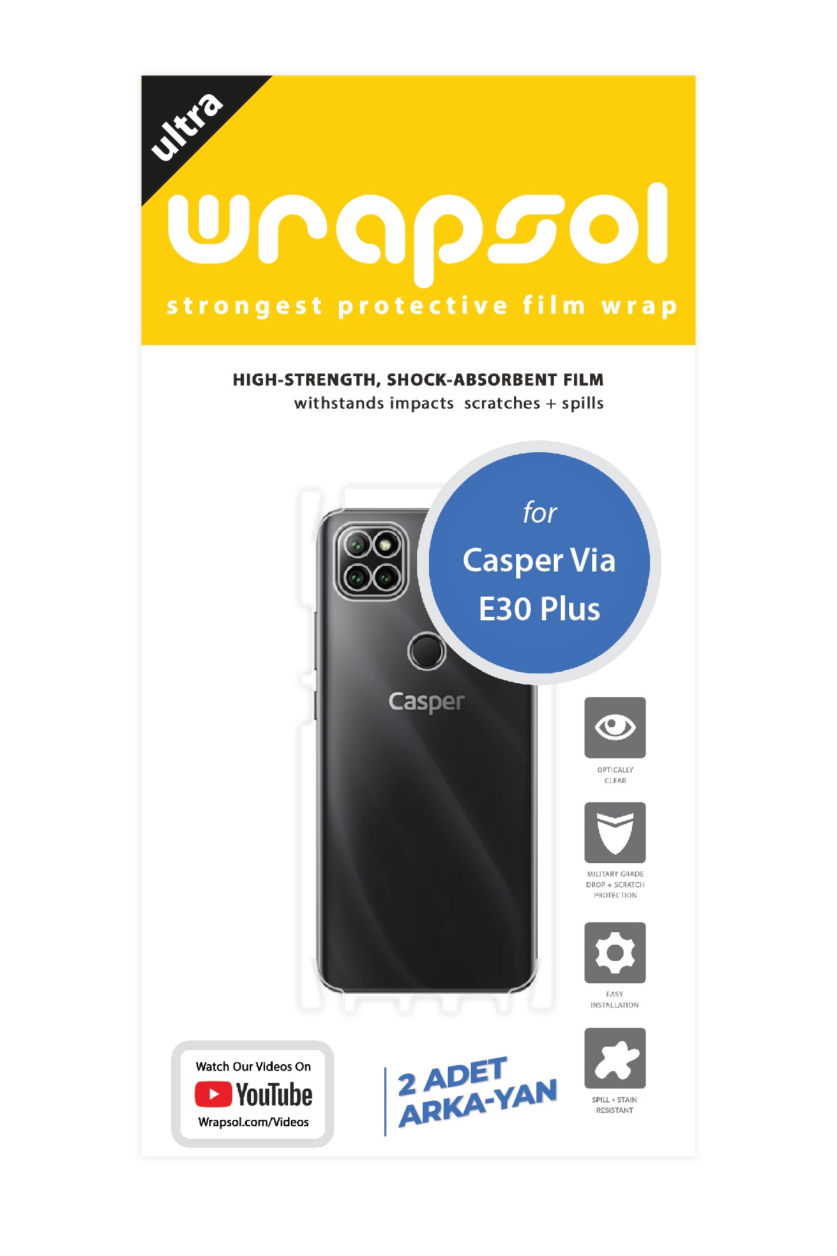 Casper Via E30 Plus - Arka/Yan Koruyucu Parlak Şeffaf Poliüretan Film (150 micron)