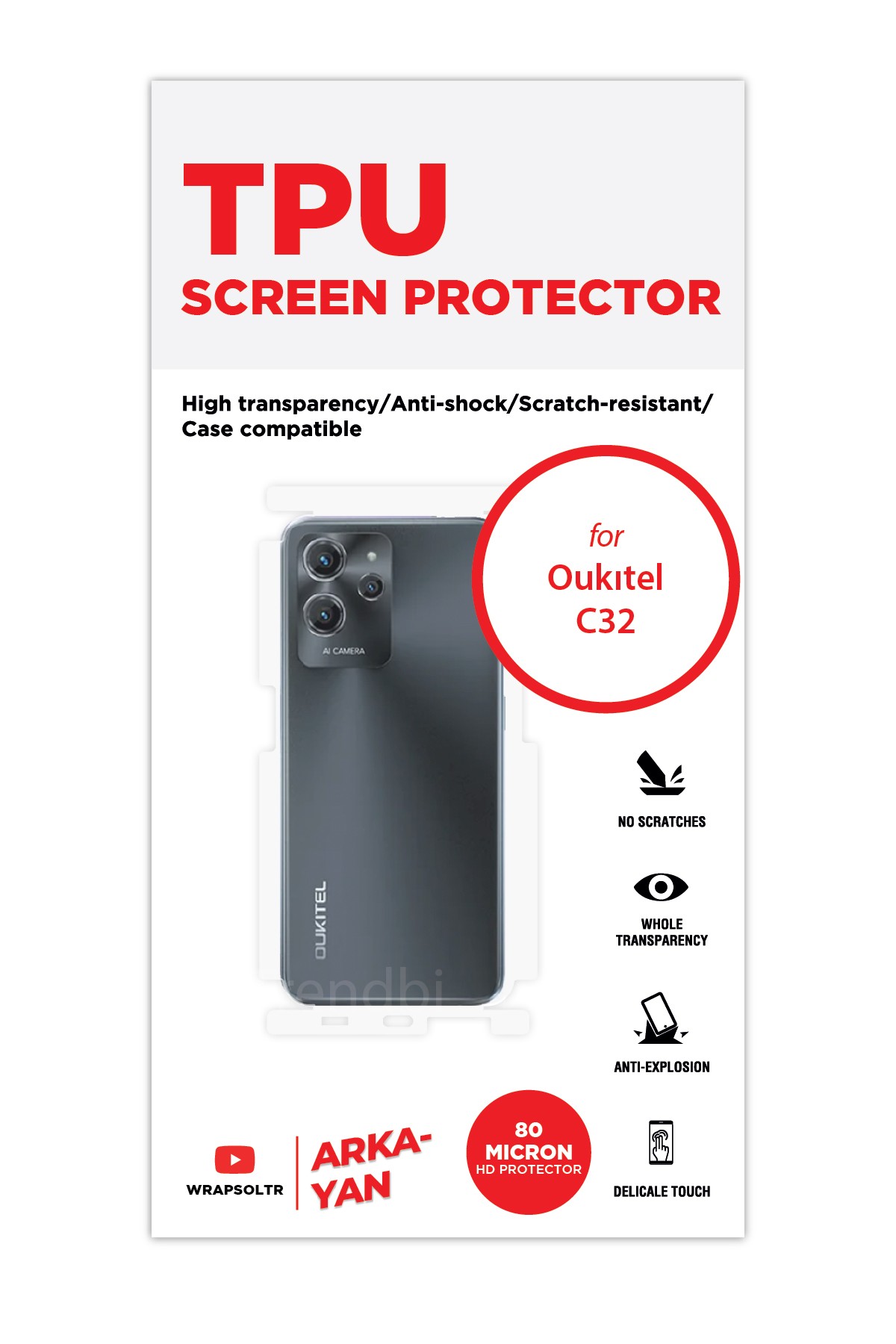 Oukitel C32 - Arka/Yan Koruyucu Parlak Şeffaf TPU Film (80 micron)