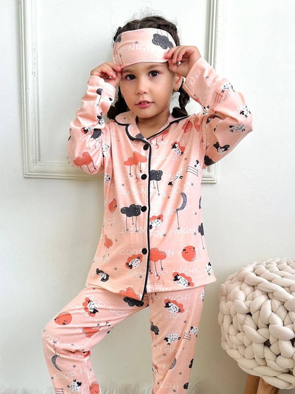 MinyKids Bulut Desen Somon Renk Kız Çocuk Pijama Takım