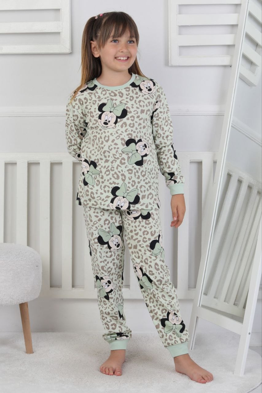 MinyKids Minnie Mouse Desen %100 Pamuklu Yeşil Kız Çocuk Pijama Takım