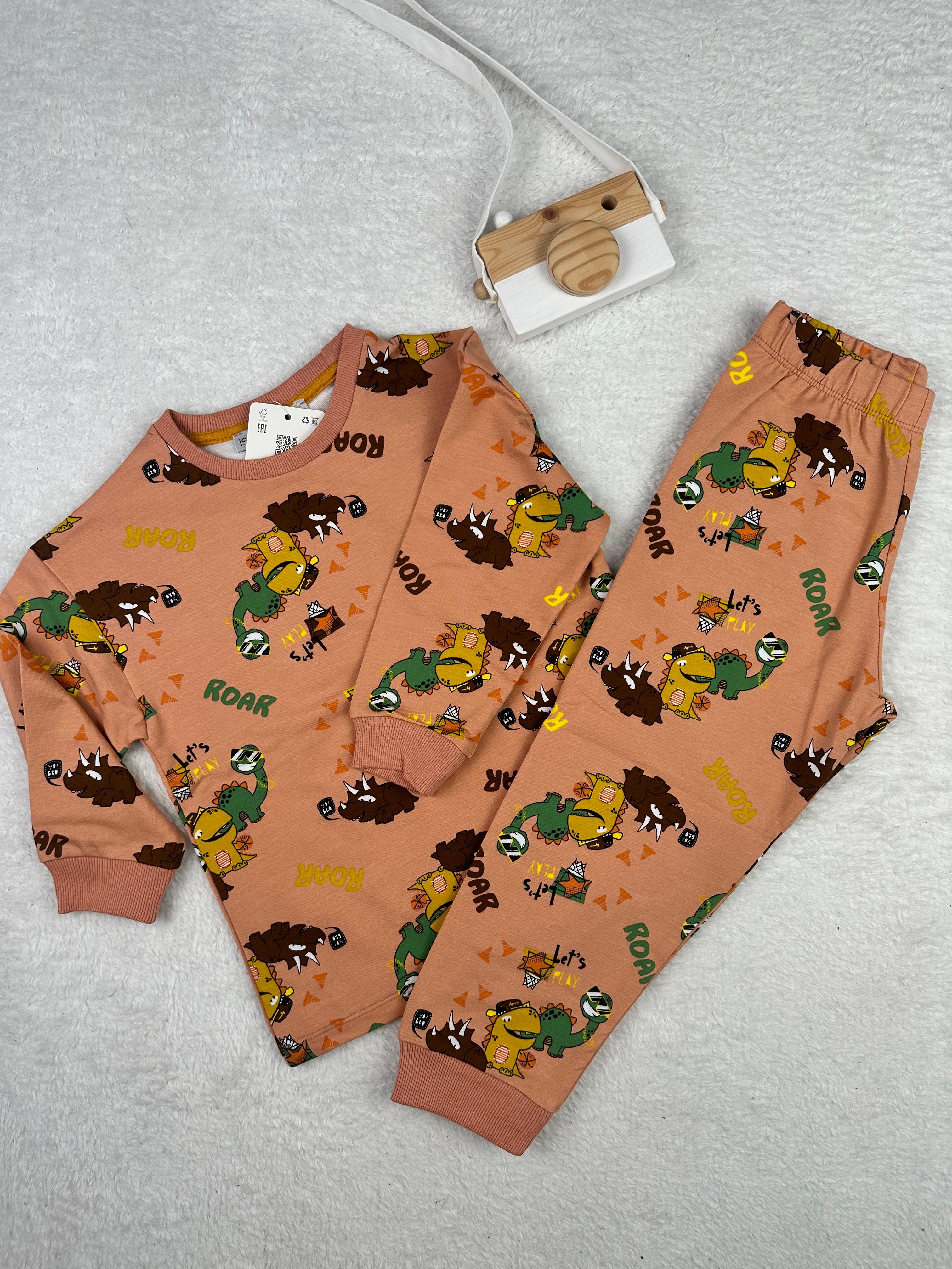 MinyKids Dinozor Desen İki İplik Kiremit Renk Erkek Çocuk Pijama Takım