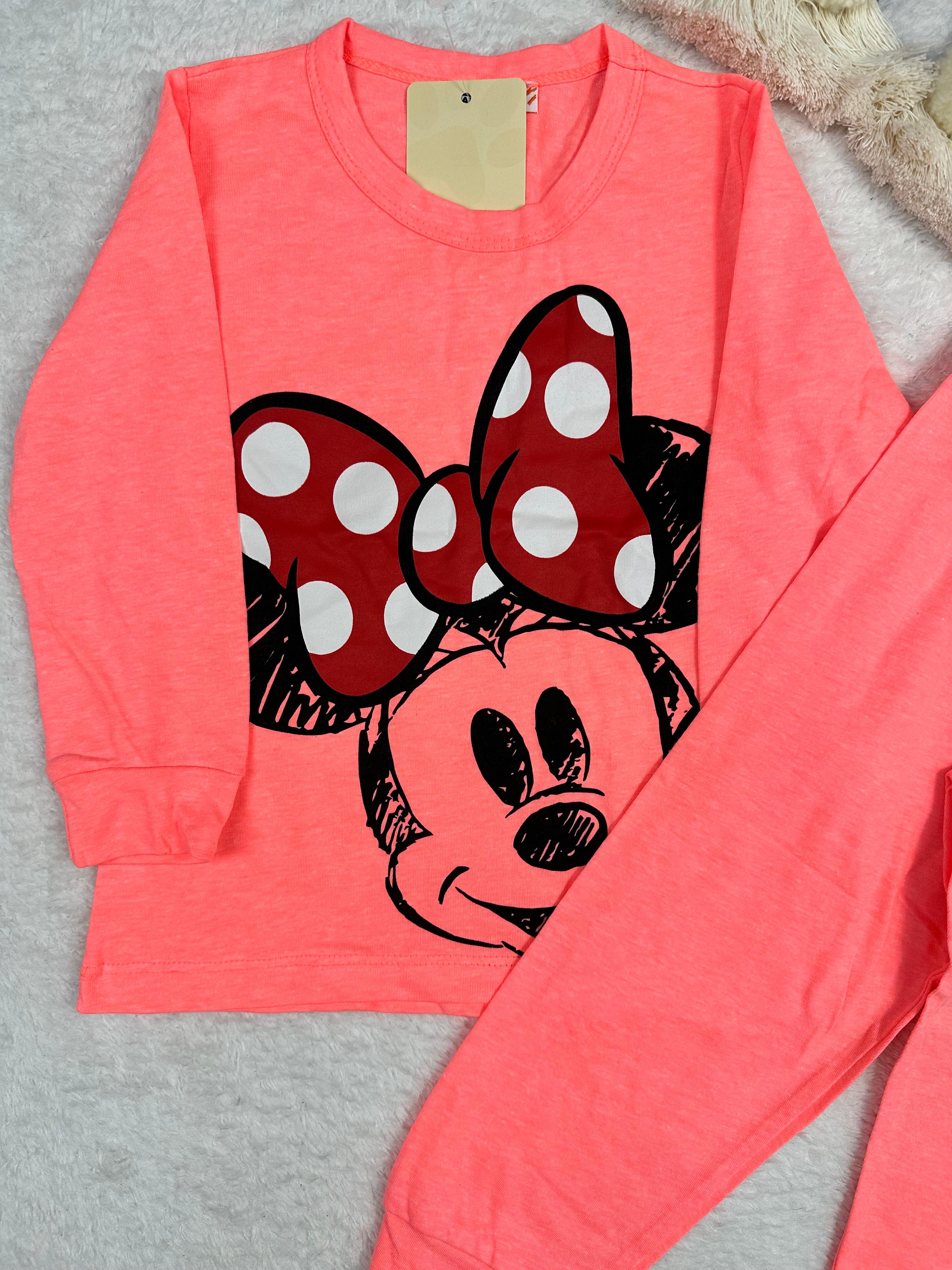 MinyKids Minnie Mouse Desen Neon Pembe Kız Çocuk Pijama Takım