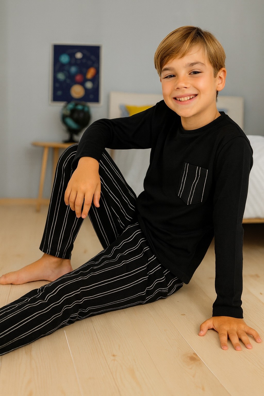 MinyKids Çizgili Cep ve Düğme Detaylı Siyah %100 Pamuk Erkek Çocuk Pijama Takım