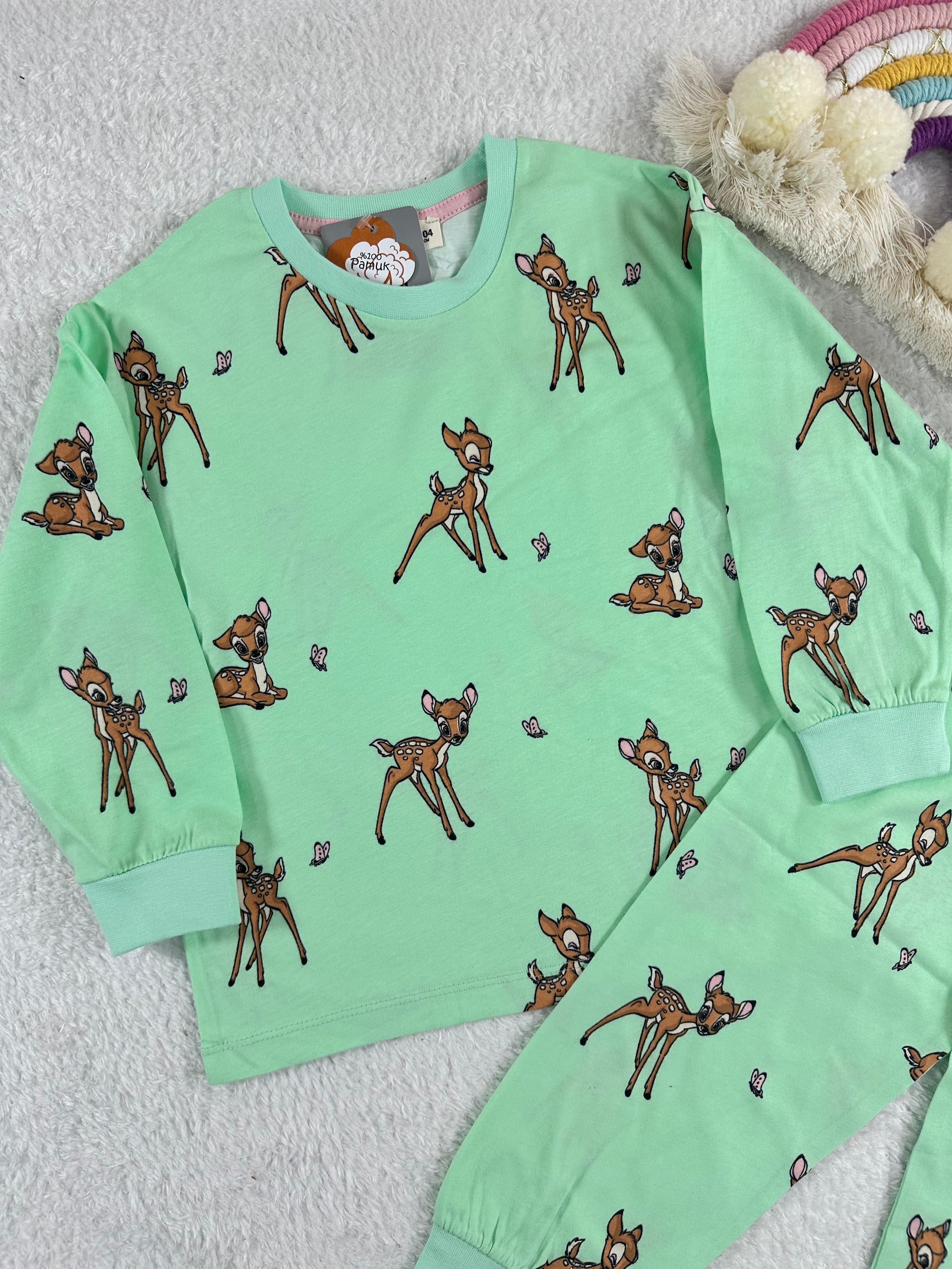 MinyKids Bambi Desen Su Yeşili Kız Çocuk Pijama Takım