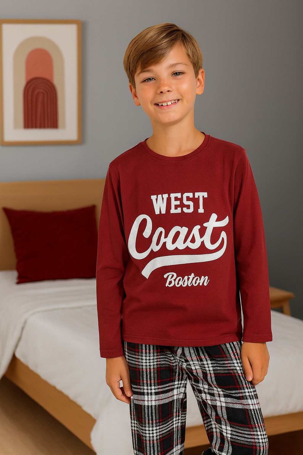 MinyKids Coast Bordo %100 Pamuk Erkek Çocuk Pijama Takım