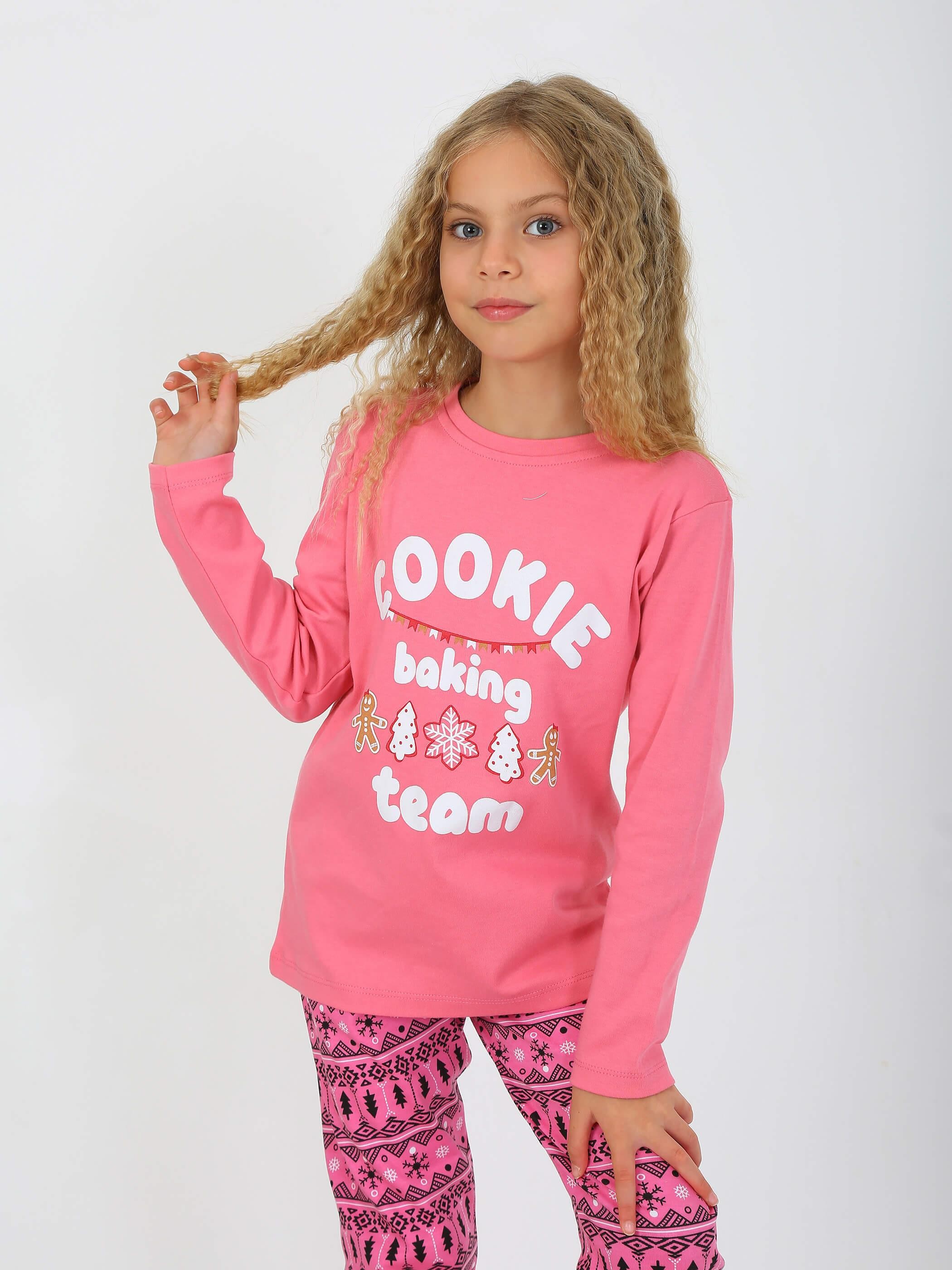 MinyKids Yılbaşı Desen Pembe Kız Çocuk Pijama Takım